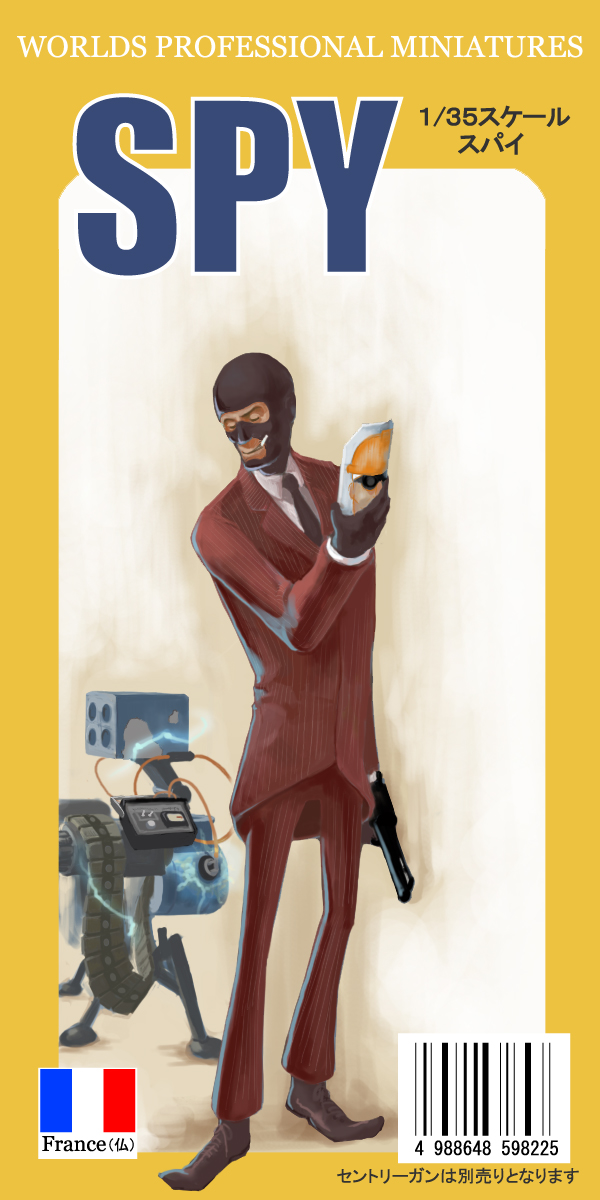 who93, red spy (tf2), spy (tf2), team fortress 2, highres, 1boy, formal clothes, gun, male focus, red suit, solo, suit, weapon