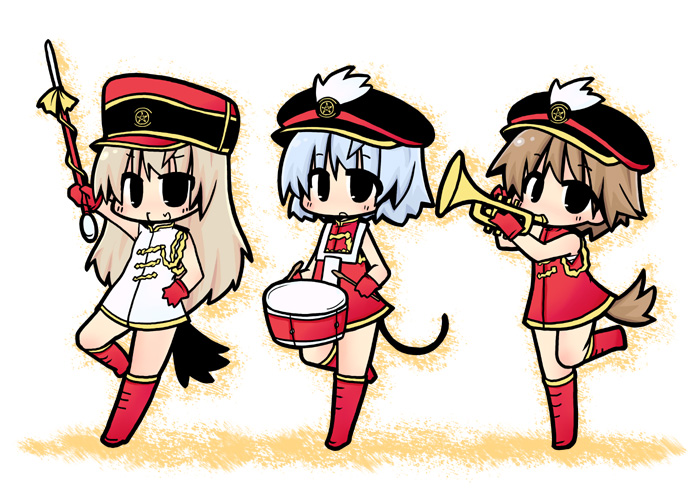 luu, eila ilmatar juutilainen, miyafuji yoshika, sanya v. litvyak, mahoromatic, strike witches, world witches series, baton, 3girls, band uniform, chibi, crossover, drum, hat, instrument, marching band, marching band baton, multiple girls, parody, tail, trumpet