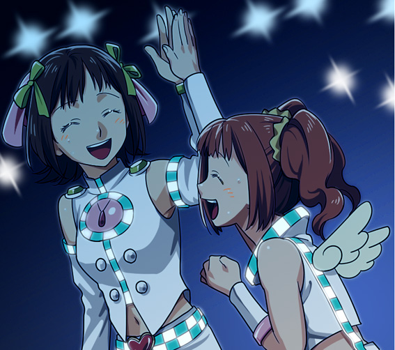 mori (unknown.), amami haruka, takatsuki yayoi, idolmaster, idolmaster (classic), blush, bow, brown hair, closed eyes, cosmic & funny (idolmaster), hair bow, hair ribbon, high five, ribbon, smile, twintails, wings