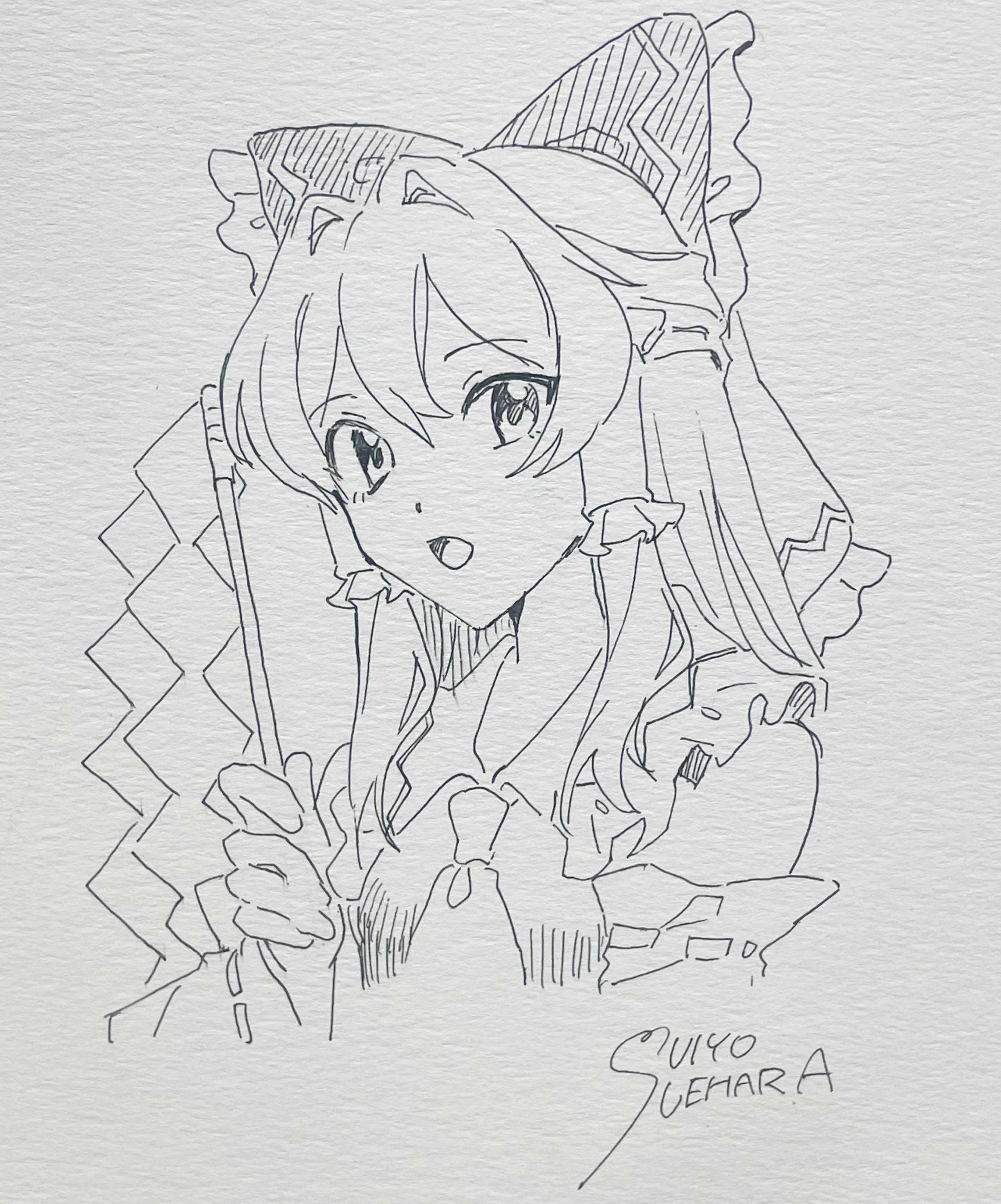 uehara suiyo, hakurei reimu, touhou, absurdres, commentary request, highres, traditional media, 1girl, ascot, bow, detached sleeves, frilled bow, frilled hair tubes, frills, greyscale, hair bow, hair tubes, long hair, looking at viewer, monochrome, open mouth, ribbon-trimmed sleeves, ribbon trim, signature, solo