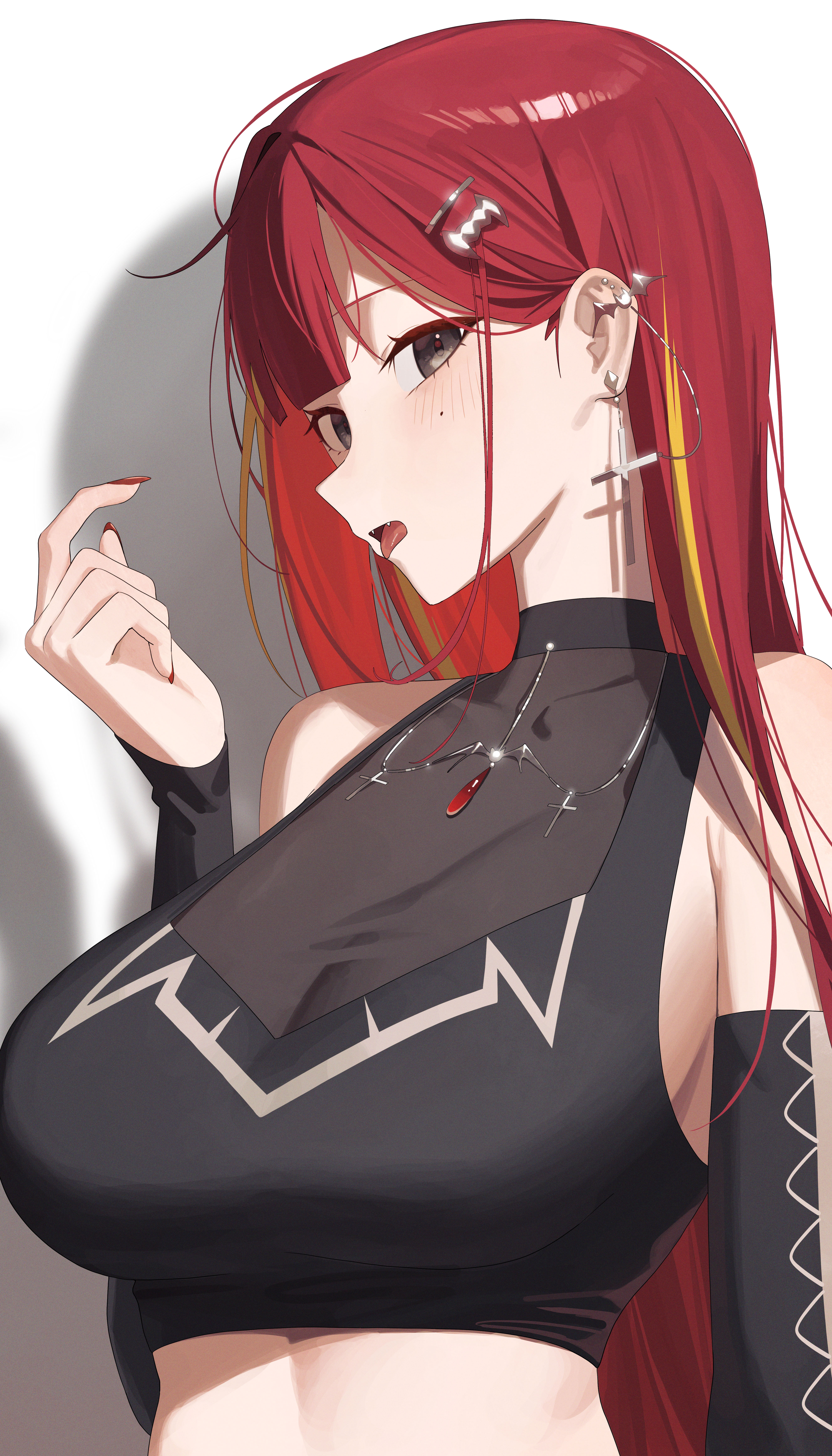 mm (mhm2592), akane lize, stellive, absurdres, highres, 1girl, black shirt, blonde streaks, blush, breasts, crop top, fangs, grey eyes, hair ornament, large breasts, long hair, looking at viewer, mole, mole under eye, multicolored hair, open mouth, red hair, see-through cleavage, see-through clothes, shirt, solo, streaked hair, tongue, tongue out, upper body, virtual youtuber, white background