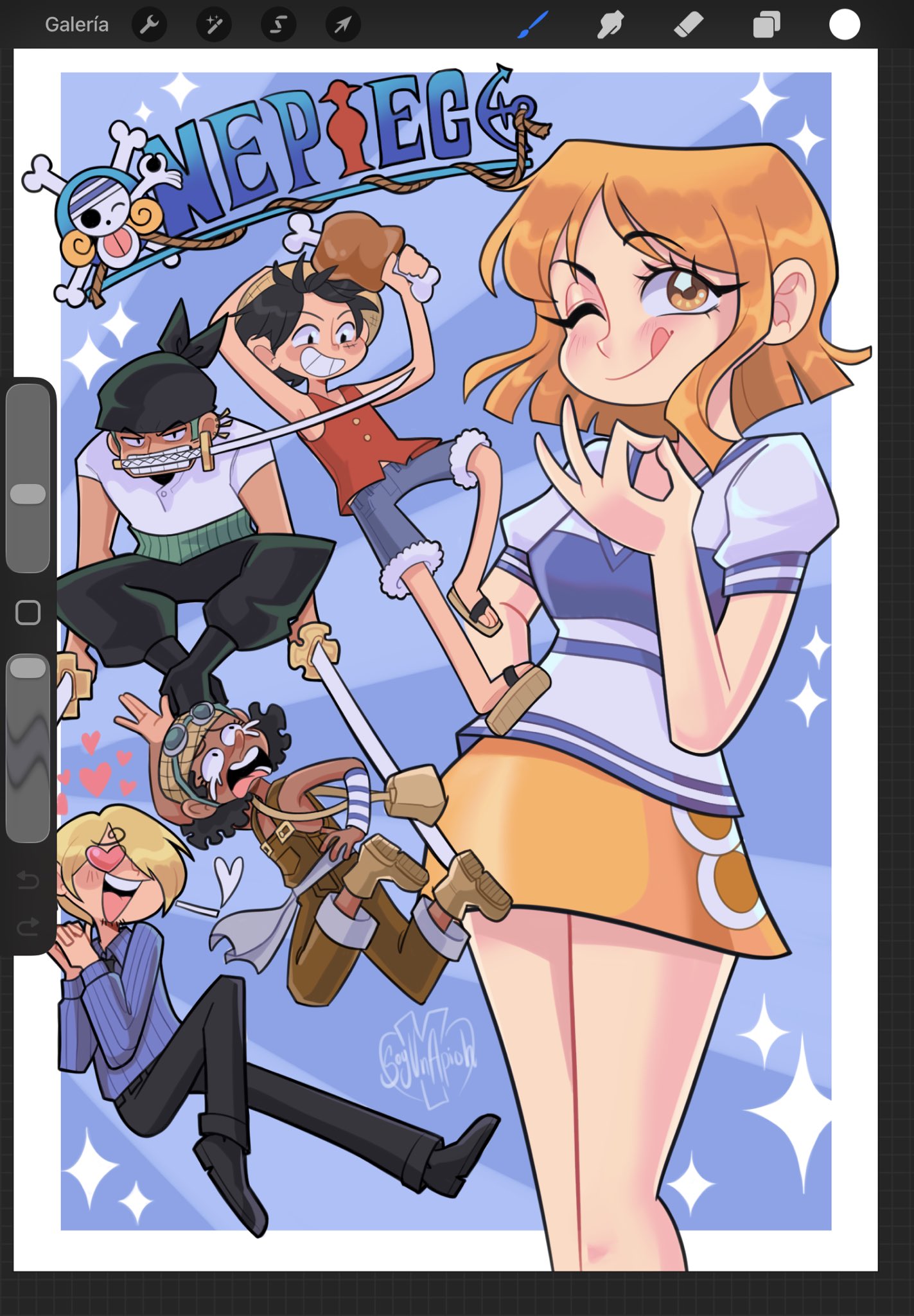 monkey d. luffy, nami (one piece), roronoa zoro, sanji (one piece), usopp, one piece, commentary, highres, 1girl, 4boys, ;q, arms up, art program in frame, bandana, black hair, black pants, blue shirt, blue shorts, blush, boned meat, brown overalls, closed mouth, copyright name, dark-skinned male, dark skin, feet out of frame, food, full body, fur-trimmed shorts, fur trim, goggles, goggles on headwear, grin, hand on own hip, haramaki, hat, heart, heart-shaped eyes, holding, holding food, holding sword, holding weapon, katana, long nose, looking at viewer, meat, miniskirt, money gesture, mouth hold, multiple boys, multiple swords, one eye closed, open mouth, orange eyes, orange hair, overalls, pants, red vest, sandals, shirt, short hair, short sleeves, shorts, signature, single sidelock, skirt, smile, soyunapioh, sparkle, straw hat, straw hat pirates, sword, tears, teeth hold, tongue, tongue out, vest, weapon, white shirt, yellow skirt