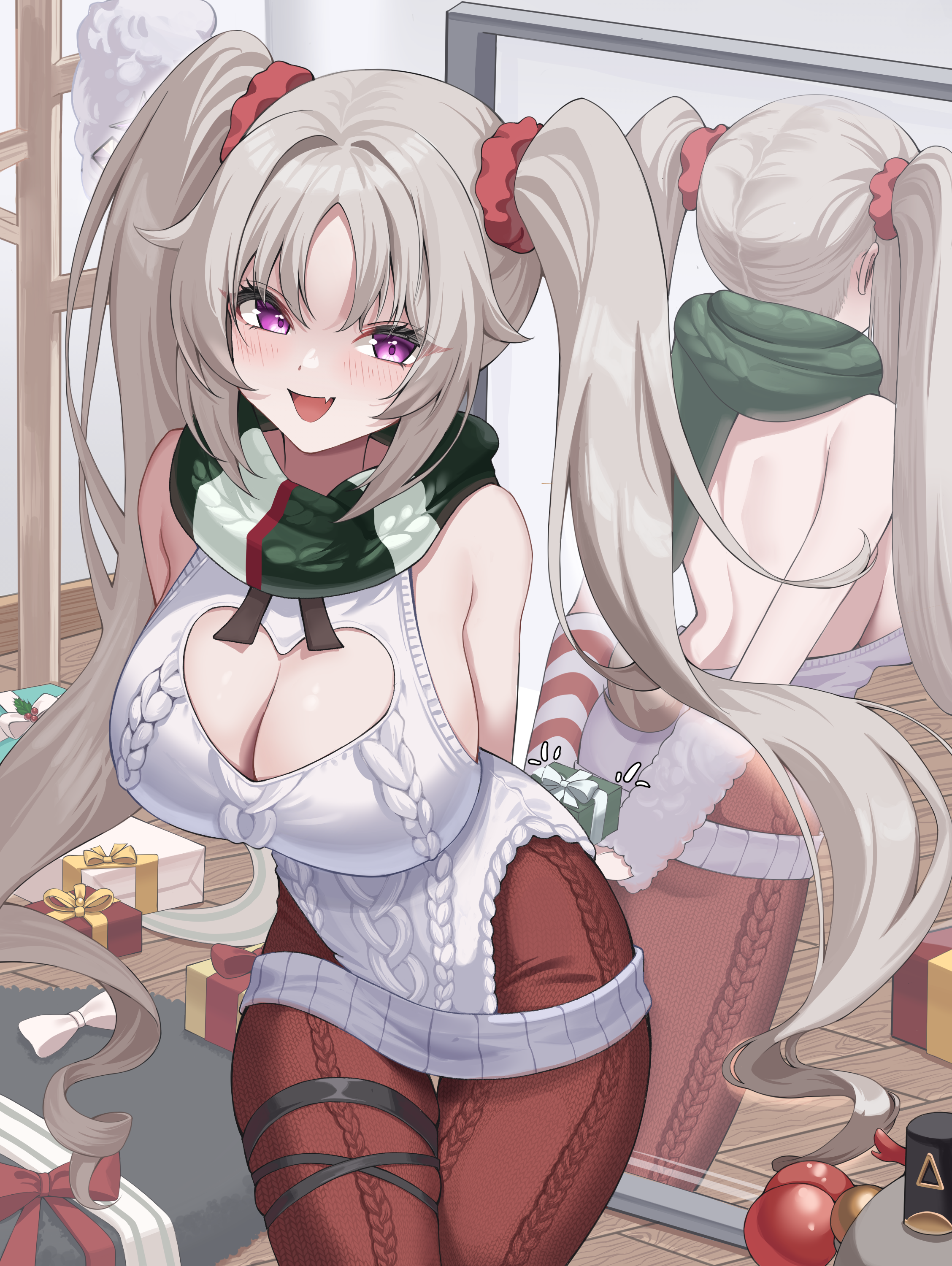 nannanana3939, laru (snowish) (stella sora), laru (stella sora), stella sora, absurdres, commentary request, highres, 1girl, :d, arms behind back, backless outfit, backless sweater, bare shoulders, breasts, cleavage, cleavage cutout, clothing cutout, fang, fur hat, gift, green scarf, grey hair, hat, hat rack, holding, holding gift, large breasts, long hair, looking at viewer, mirror, no headwear, open mouth, pantyhose, papakha, purple eyes, red pantyhose, reflection, scarf, sideboob, skin fang, sleeveless, sleeveless sweater, smile, solo, sweater, twintails, unworn hat, unworn headwear, white hat