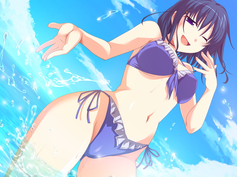bosshi, natsusaka mifuyu, otouto wo aishiteyamanai ane aruiha oniichan ga daisukikko na imouto tono taboo na kankei, game cg, 1girl, bikini, blue hair, female focus, one eye closed, open mouth, short hair, side-tie bikini bottom, sky, solo, splashing, swimsuit, water, wink