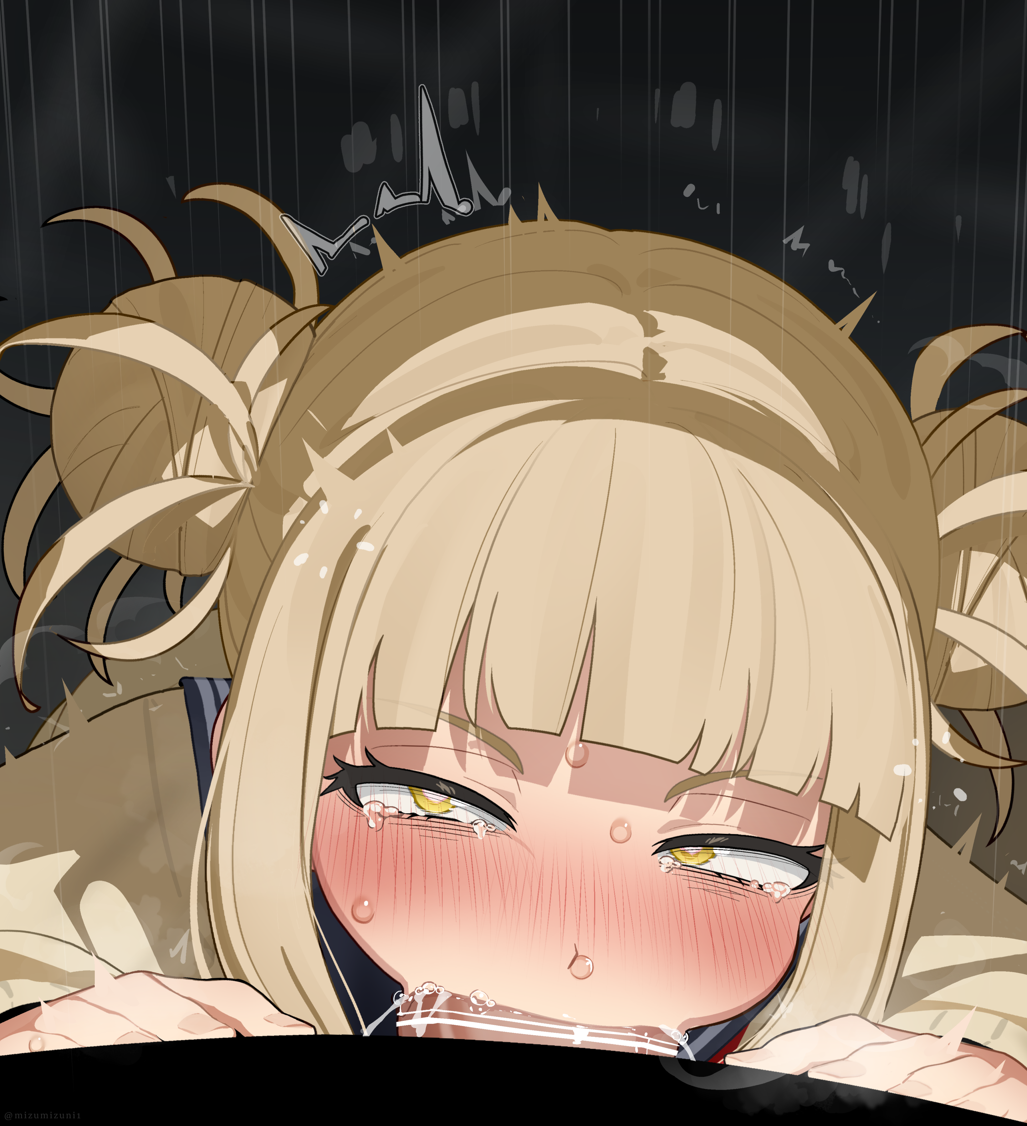 mizumizuni, toga himiko, boku no hero academia, absurdres, highres, 1boy, 1girl, bar censor, black background, blonde hair, blush, cardigan, censored, deepthroat, double bun, fellatio, hair bun, heart, heart-shaped pupils, hetero, long sleeves, looking at viewer, oral, pov, pov crotch, school uniform, serafuku, short hair, symbol-shaped pupils, tears, yellow cardigan, yellow eyes