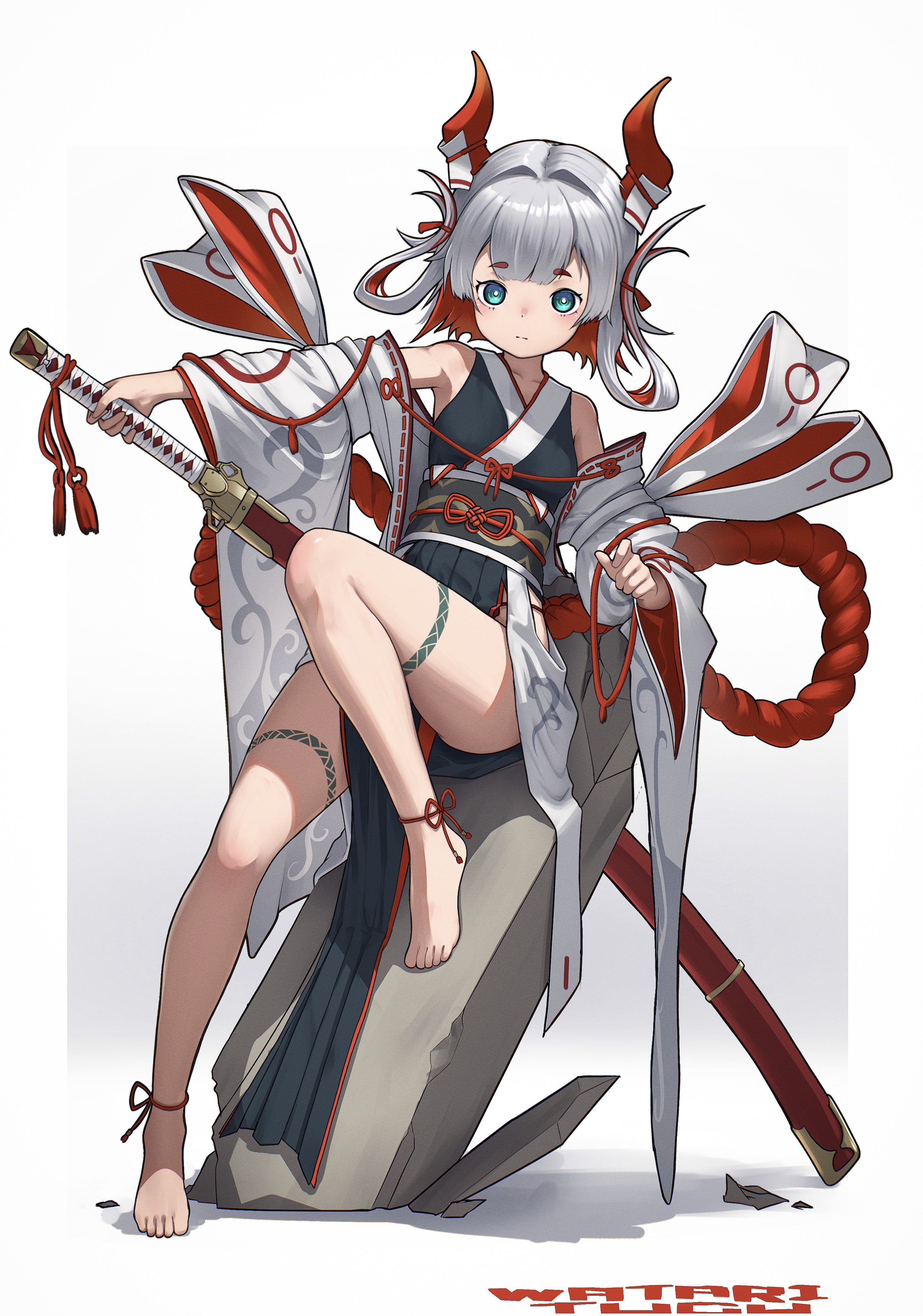 akemiya genma, original, absurdres, commentary, highres, 1girl, ankle ribbon, bare shoulders, barefoot, black kimono, black sash, border, breasts, bright pupils, center-flap bangs, closed mouth, colored inner hair, double-parted bangs, expressionless, fading border, feet, green eyes, grey hair, hair intakes, hair rings, holding, holding sword, holding weapon, horns, huge weapon, japanese clothes, katana, kimono, leg ribbon, leg tattoo, looking at viewer, multicolored hair, obi, obijime, pelvic curtain, red hair, red horns, red ribbon, ribbon, rope, sash, shadow, sheath, sheathed, shimenawa, short eyebrows, short hair, small breasts, solo, sword, tattoo, toes, two-tone hair, weapon, white border, white pupils, wide sleeves