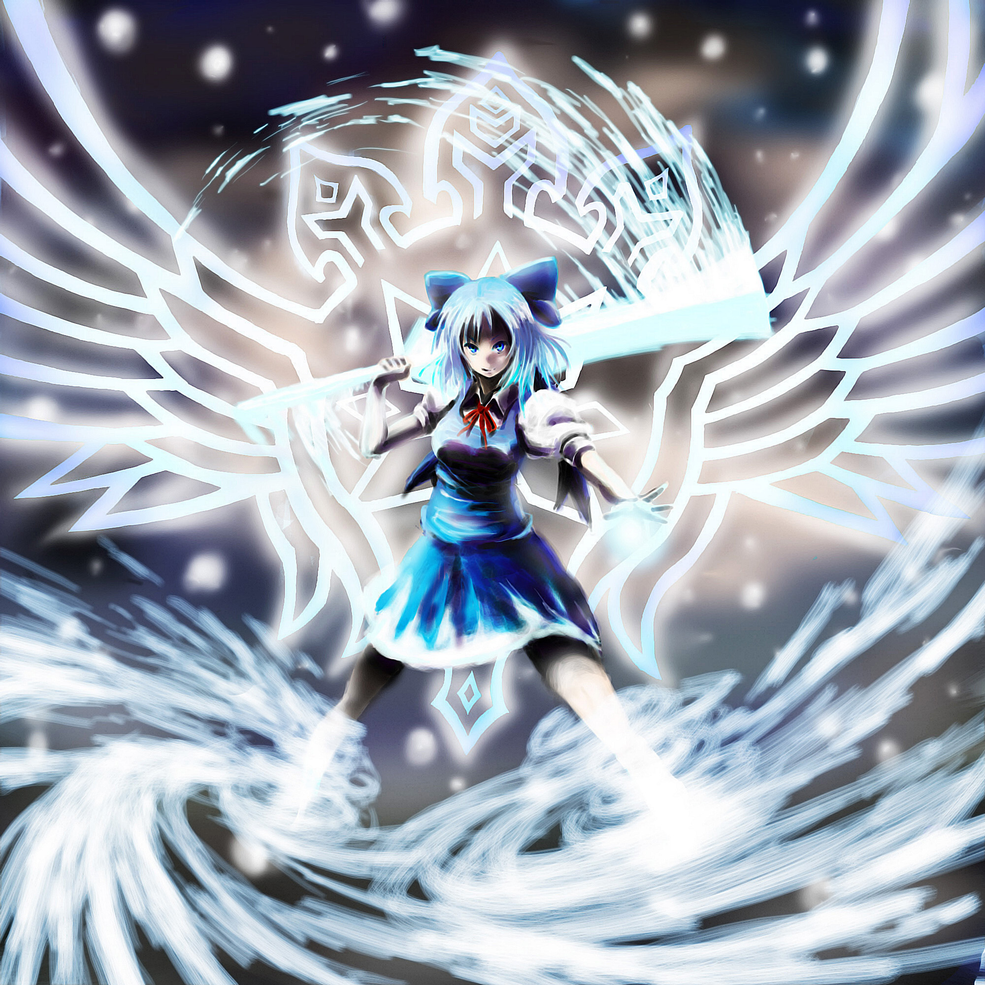 yamaguchi yoshimi, cirno, touhou, bad id, bad pixiv id, highres, 1girl, aged up, alternate breast size (larger), female focus, solo, sword, weapon