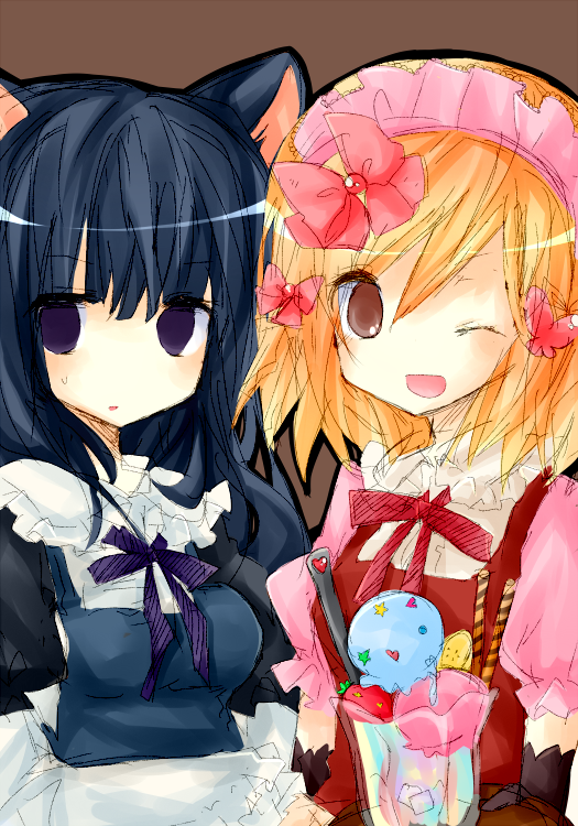 nanase (ribonshitoron), frederica bernkastel, lambdadelta, umineko no naku koro ni, bad id, bad pixiv id, 2girls, animal ears, blonde hair, blue hair, bow, bowtie, cat ears, empty eyes, food, hat, ice cream, multiple girls, orange eyes, pink hat, purple eyes, ribbon