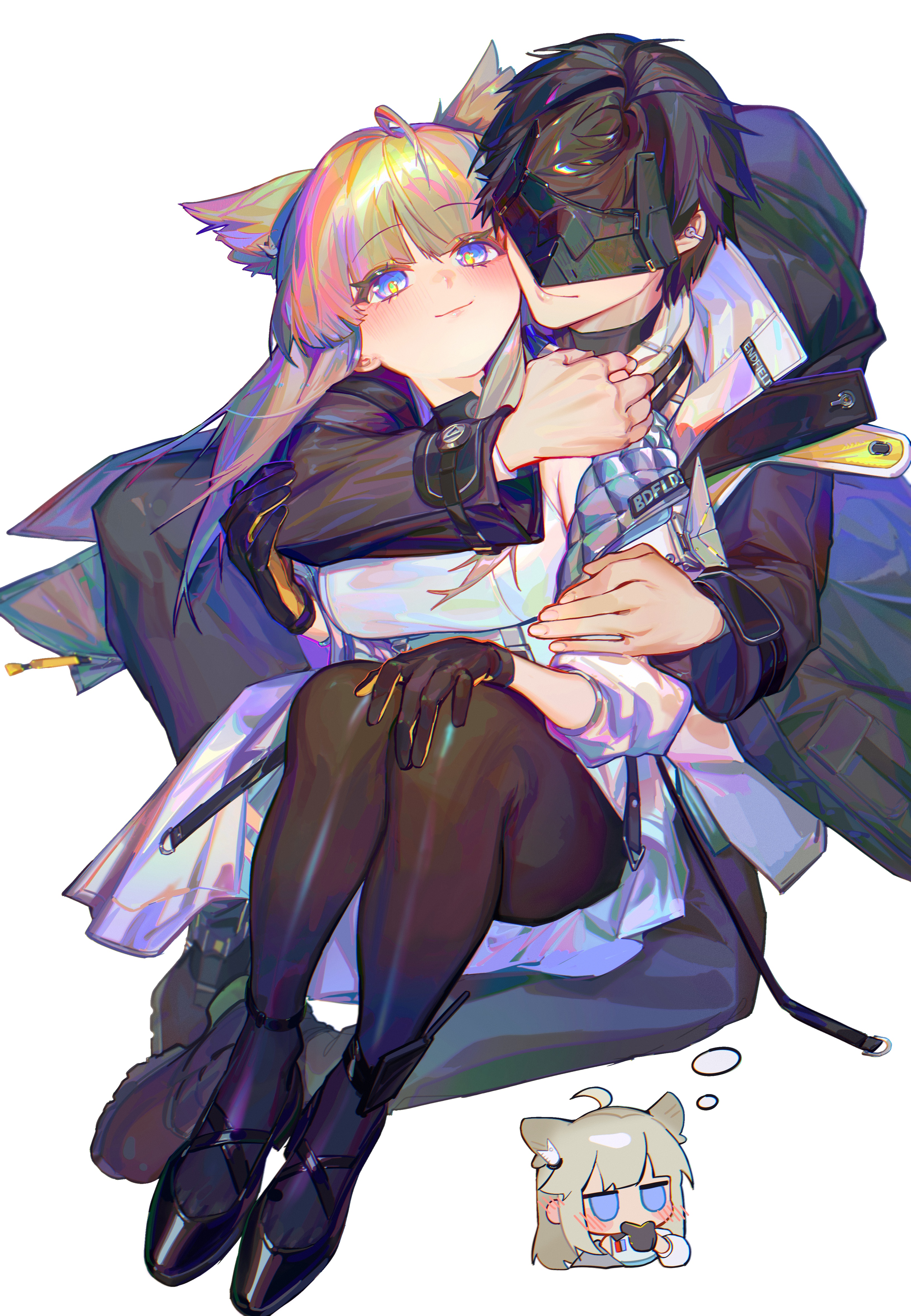 jian jia, endministrator (arknights), male endministrator (arknights), perlica (arknights), arknights, arknights: endfield, absurdres, commentary request, highres, 1boy, 1girl, ahoge, arm around shoulder, black hair, black pants, black pantyhose, black shoes, blindfold mask, blue eyes, chibi, chibi inset, chinese text, closed mouth, hand on another's arm, hand on another's shoulder, hand on own knee, hand wings, hetero, imagining, leaning on person, mask, pants, pantyhose, shoes, simplified chinese text, sitting, two-sided gloves, white background, yellow pupils