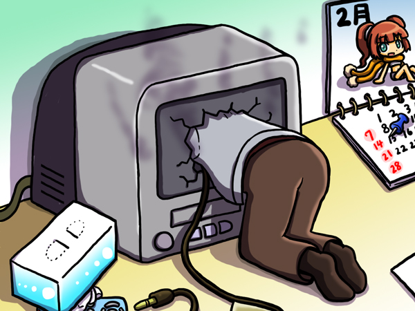 yuutousei, kisaragi chihaya, takatsuki yayoi, idolmaster, idolmaster (classic), the ring, bikini, broken, calendar, calendar (object), controller, crt, inflatable armbands, remote control, scarf, smoke, swimsuit, television, through medium, through screen, tissue, tissue box, videocassette recorder, well