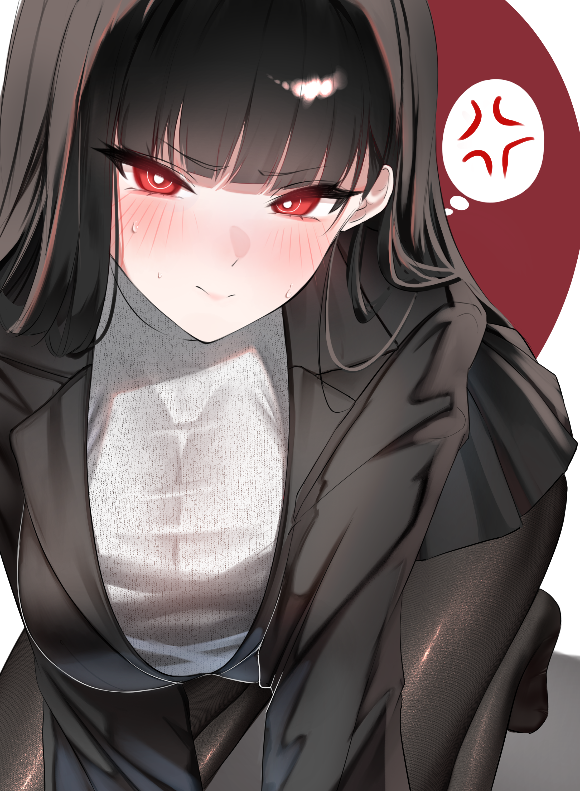 rio (blue archive), blue archive, absurdres, commentary, highres, 1girl, all fours, anger vein, black hair, black jacket, black pantyhose, black skirt, blush, breasts, grey sweater, jacket, large breasts, long hair, looking at viewer, no shoes, pantyhose, red eyes, skirt, solo, spoken anger vein, sweat, sweater, thighs, v-shaped eyebrows, yowayowaale