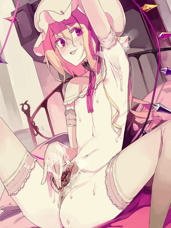 fakepucco, flandre scarlet, touhou, 1girl, anus, armpits, blonde hair, censored, clitoris, dark labia, elbow gloves, erect clitoris, female focus, female pubic hair, flat chest, gloves, nipples, pointless censoring, pubic hair, purple eyes, pussy, pussy juice, short hair, smell, solo, sparse pubic hair, spread legs, spread pussy, spreading own pussy, sweat, thighhighs, wings