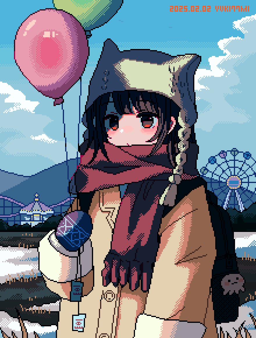 nanami yuki (yuki77mi), original, commentary, english commentary, 1girl, animal ear headwear, artist name, balloon, black bag, black hair, blue mittens, blush, carousel, cloud, coat, dated, fake animal ears, ferris wheel, hat, holding, holding balloon, mittens, outdoors, pixel art, red scarf, scarf, sidelocks, sky, snow, solo, yellow coat