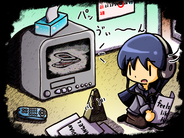 yuutousei, kisaragi chihaya, idolmaster, idolmaster (classic), the ring, controller, headphones, metronome, remote control, solo, television, tissue, tissue box, well