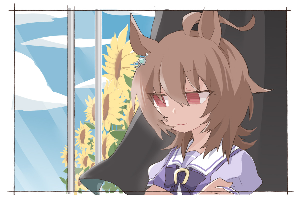 beer hsk, agnes tachyon (umamusume), umamusume, commentary request, 1girl, ahoge, animal ears, blue sky, bow, brown hair, closed mouth, cloud, curtains, day, flower, hair between eyes, horse ears, puffy short sleeves, puffy sleeves, purple bow, purple shirt, red eyes, school uniform, shirt, short sleeves, sky, smile, solo, sunflower, tracen school uniform, upper body, window, yellow flower