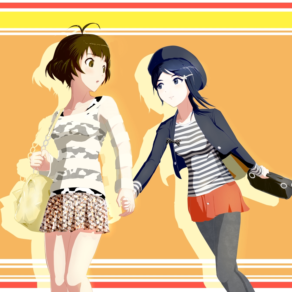 ace rocket, akizuki ryo, mizutani eri, idolmaster, idolmaster dearly stars, 00s, 1boy, 1girl, bag, blush, brown eyes, brown hair, casual, crossdressing, handbag, hat, hetero, holding hands, trap