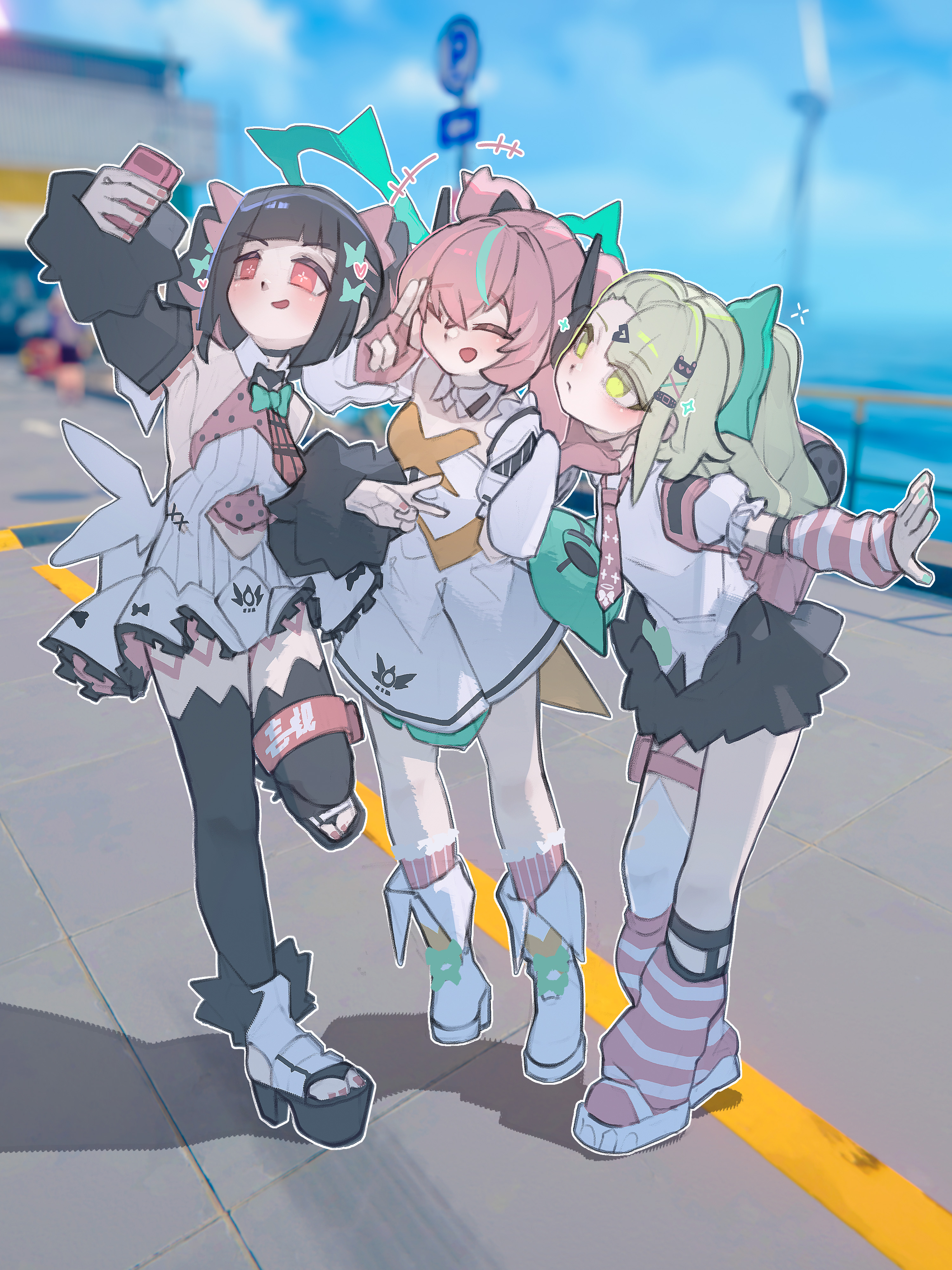 2ho, aria (zenless zone zero), nangong yu, sunna (zenless zone zero), angels of delusion, zenless zone zero, absurdres, hashtag-only commentary, highres, +++, 3girls, aqua hair, aqua nails, aqua streaks, arm warmers, bandaid, bandaid hair ornament, black skirt, black thighhighs, blurry, blurry background, bow, bowtie, breasts, checkered necktie, closed eyes, closed mouth, crosshair pupils, detached collar, detached sleeves, dress, fingerless gloves, frilled sleeves, frills, fur-trimmed skirt, fur-trimmed sleeves, fur trim, gloves, green bow, green bowtie, green eyes, green hair, green halo, hair ornament, halo, heart, heart hair ornament, holding, holding phone, leaning forward, leg up, leg warmers, looking at phone, multicolored hair, multiple girls, multiple hair clips, nail polish, necktie, open-toe shoes, open mouth, outdoors, outstretched arm, phone, pink arm warmers, pink bag, pink gloves, pink hair, pink leg warmers, ponytail, red eyes, red nails, red necktie, shirt, shoes, skirt, small breasts, standing, standing on one leg, streaked hair, striped arm warmers, striped leg warmers, thighhighs, toenail polish, toenails, v, white dress, white shirt, white shoes, white wings, wings