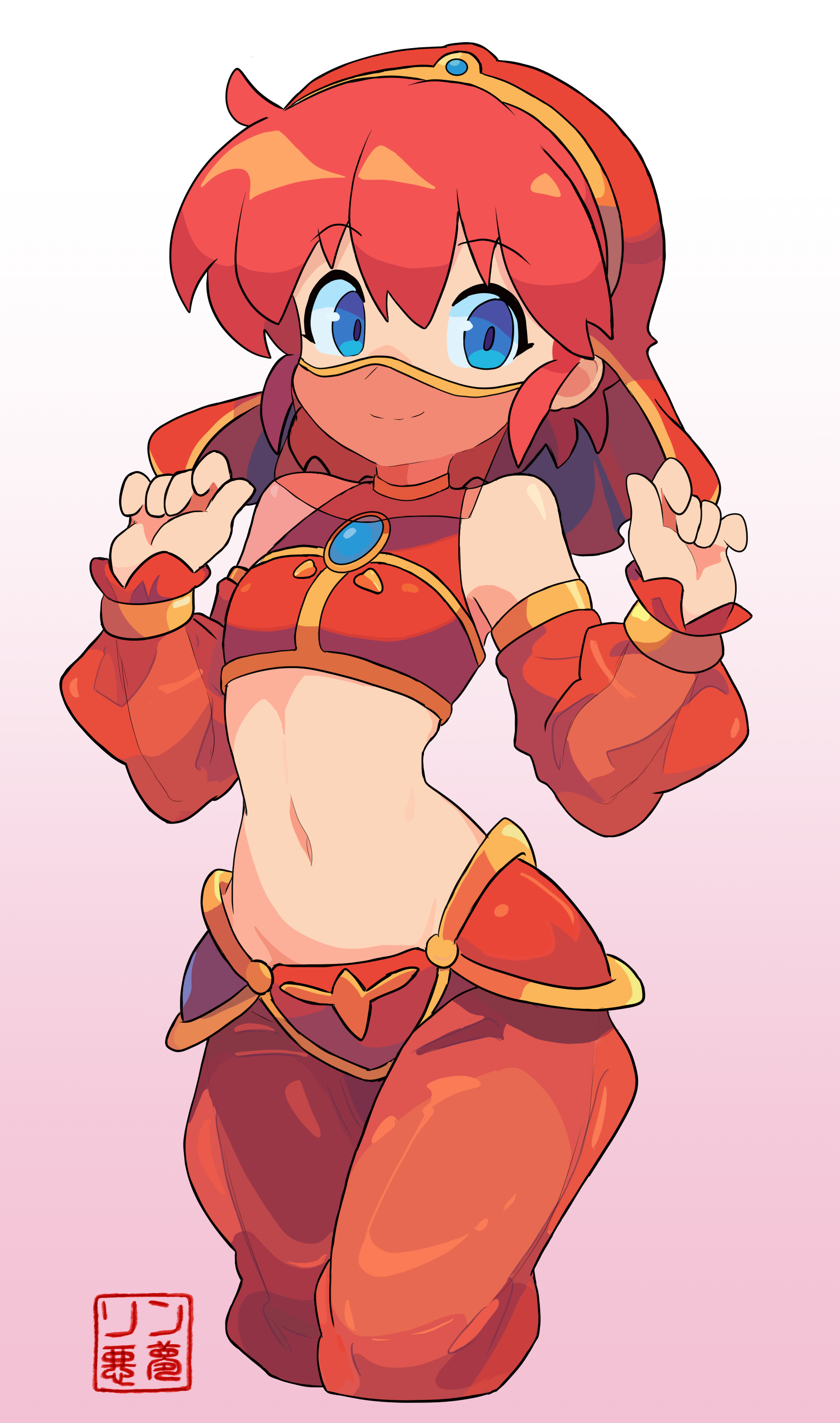 rin nightmare, adol christin, ys, absurdres, highres, 1boy, armor, blue eyes, crossdressing, crossdressing (mtf), harem outfit, midriff, navel, red hair, see-through clothes, trap