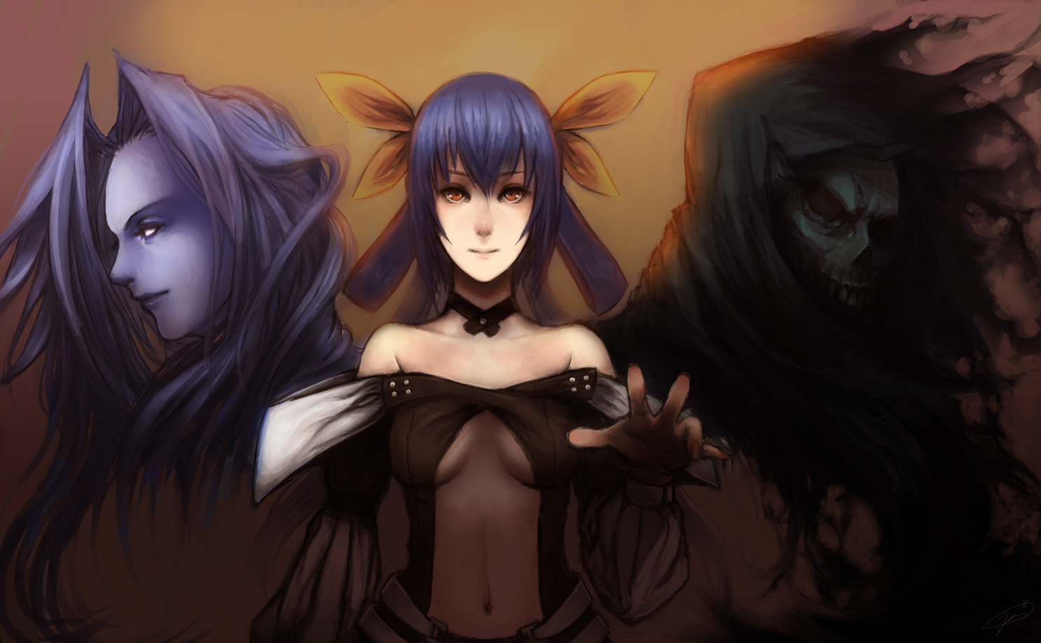 tetsu (aurvandil), dizzy (guilty gear), necro (guilty gear), undine (guilty gear), arc system works, guilty gear, bad deviantart id, bad id, 1girl, bare shoulders, blue hair, bow, breasts, hair bow, long hair, navel, red eyes, ribbon, underboob, wings