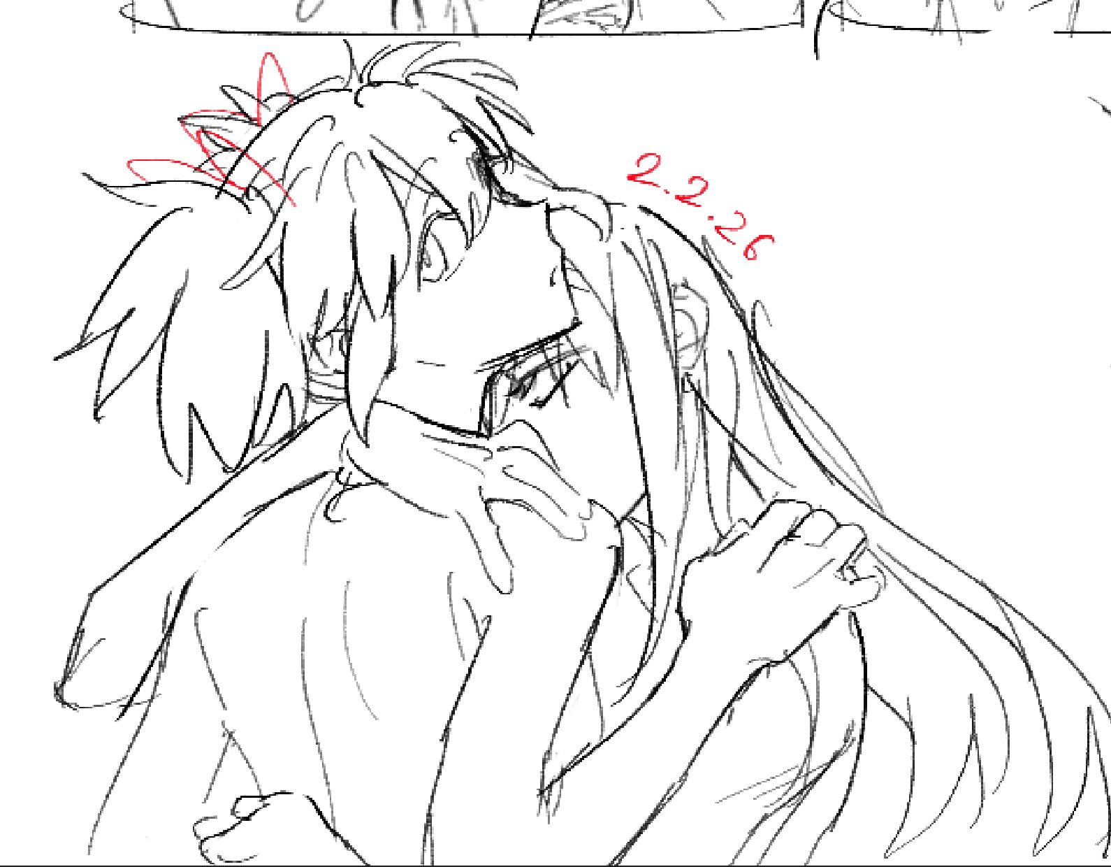 avanes d, akemi homura, akemi homura (magical girl), kaname madoka, kaname madoka (magical girl), mahou shoujo madoka magica, 2girls, dated, hug, looking back, monochrome, multiple girls, sketch, topless female, yuri