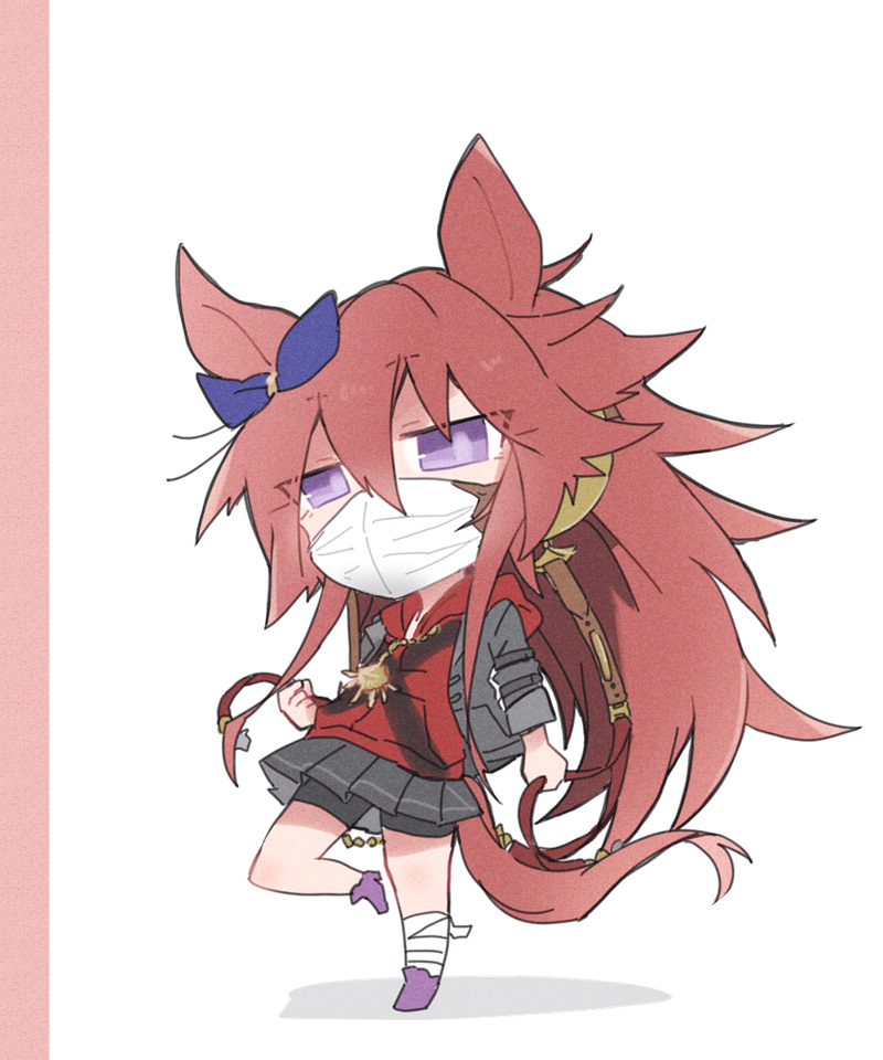 beer hsk, orfevre (old design) (umamusume), umamusume, commentary request, 1girl, animal ears, bandaged leg, bandages, bike shorts, black shorts, blue ribbon, bow, brown hair, chibi, ear ribbon, full body, grey jacket, grey skirt, hair between eyes, hood, hood down, hoodie, horse ears, horse girl, horse tail, jacket, long hair, mask, mouth mask, open clothes, open jacket, pleated skirt, purple eyes, purple shoes, red hoodie, ribbon, shadow, shoes, shorts, shorts under skirt, skirt, solo, standing, standing on one leg, tail, very long hair, white background