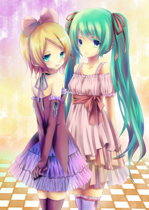 bushi, hatsune miku, kagamine rin, vocaloid, bad id, bad pixiv id, 2girls, blonde hair, blue eyes, female focus, green eyes, green hair, long hair, multiple girls, ribbon, short hair, thighhighs, twintails