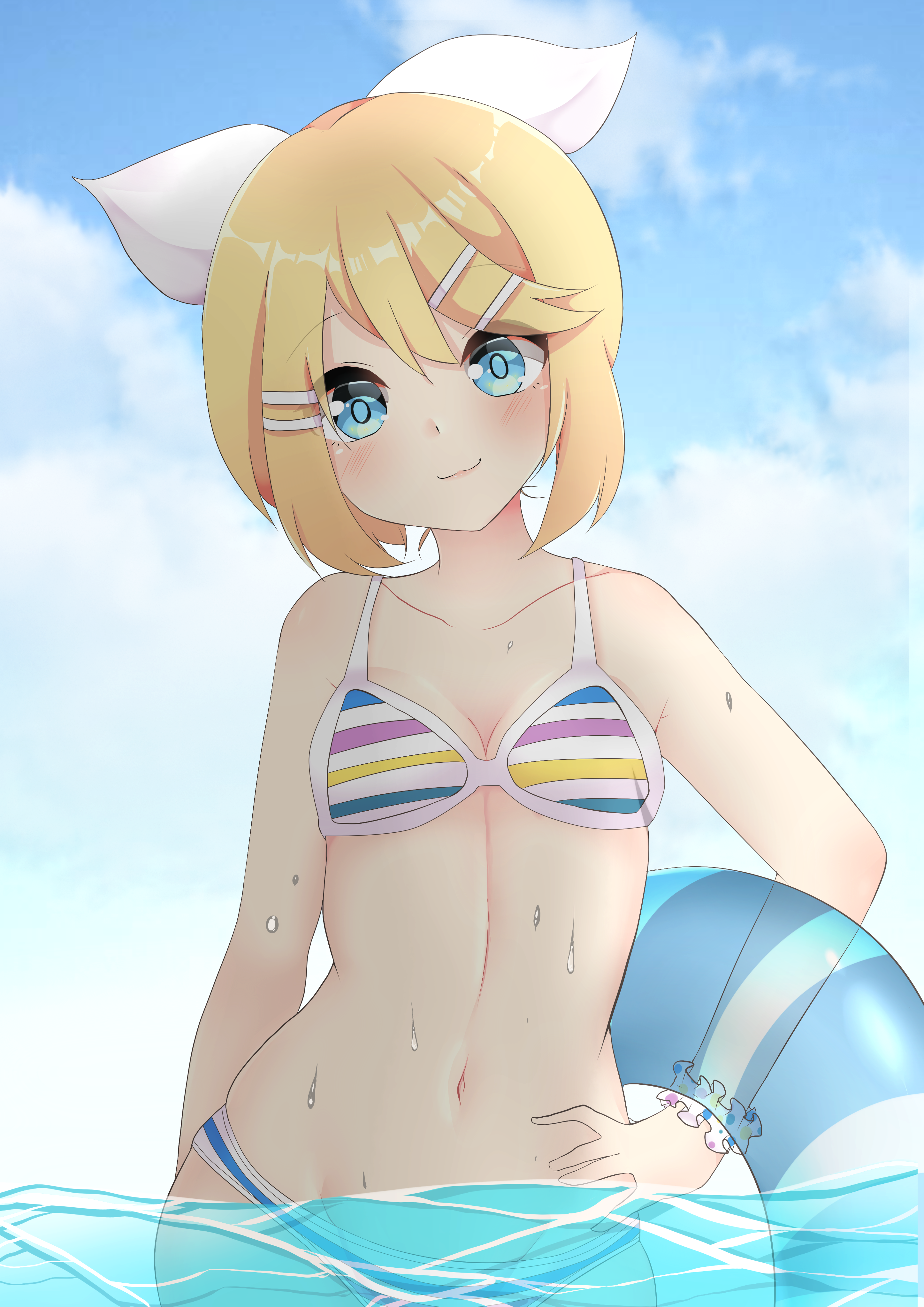 samalilia, kagamine rin, vocaloid, 1girl, alternate costume, bikini, blonde hair, blue eyes, blush, bow, breasts, collarbone, hair bow, hair ornament, hairclip, navel, scrunchie, sky, small breasts, solo, striped bikini, striped clothes, swimsuit, tube, water, wet, white bow