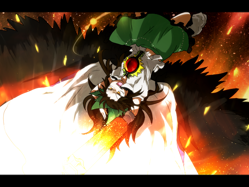 kikuseki, reiuji utsuho, touhou, bad id, bad pixiv id, 1girl, black hair, bow, cape, female focus, fire, hair bow, letterboxed, long hair, solo, upside-down, wings, yellow eyes