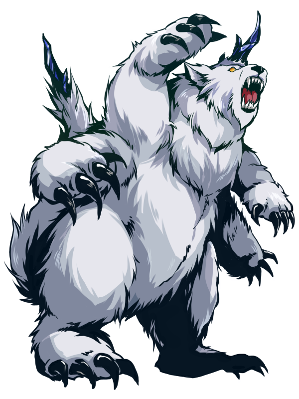 tmtkai, call of cthulhu, cthulhu mythos, commentary request, 1other, black claws, extra arms, gnoph-keh, horns, monster, no humans, open mouth, orange eyes, sharp teeth, simple background, single horn, solo, tail, teeth, white background