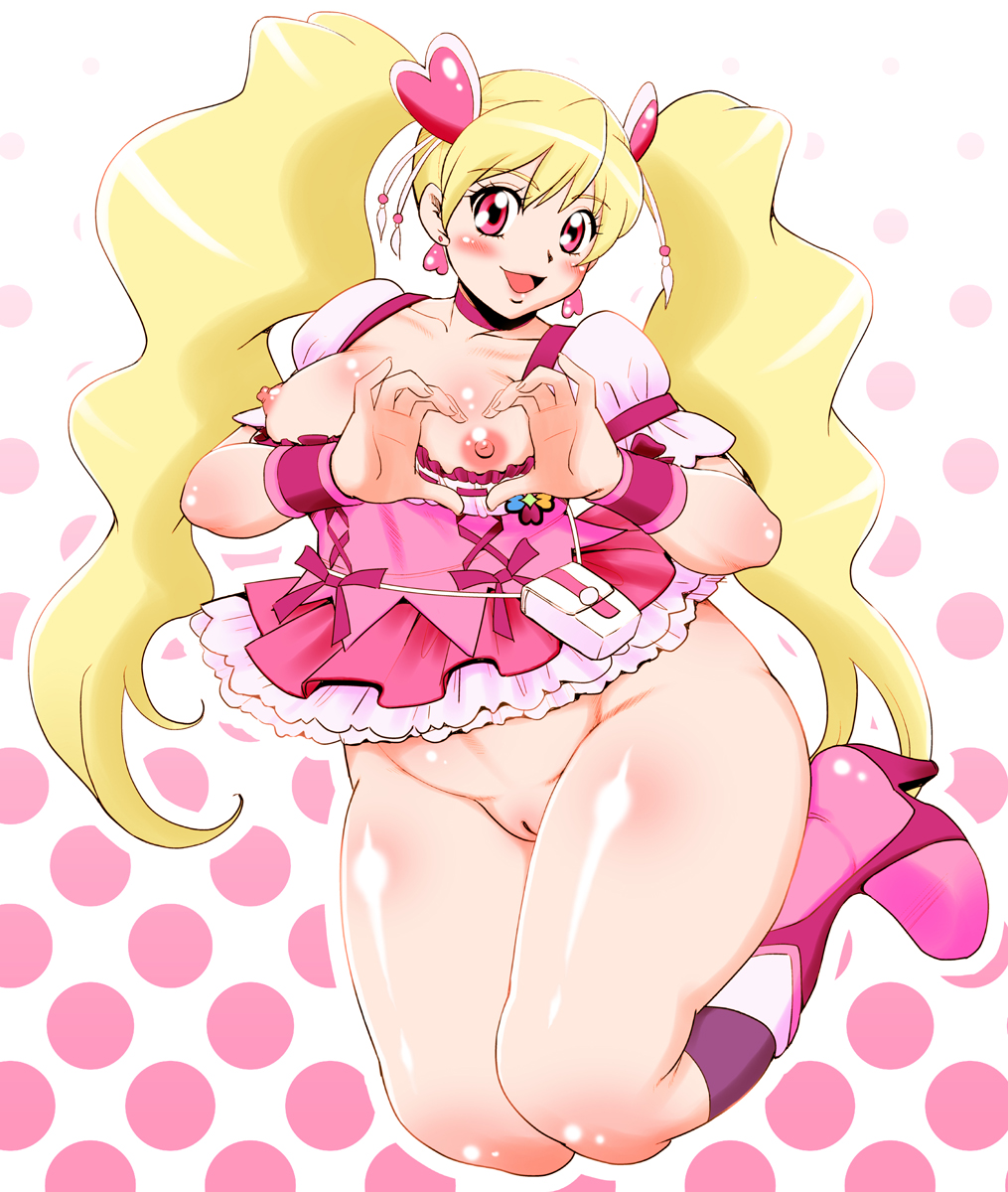 cure peach, momozono love, fresh precure!, precure, highres, 00s, blush, breasts, heart, large breasts, nipples, pussy, smile, uncensored