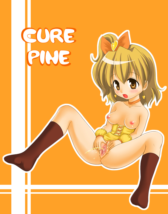 nezumeta, cure pine, yamabuki inori, fresh precure!, precure, 00s, bare shoulders, black socks, blonde hair, blush, bow, breasts, censored, choker, collarbone, earrings, full body, hair bow, heart, heart earrings, jewelry, m legs, medium breasts, nipples, orange background, orange bow, orange choker, peeing, pussy, socks, spread legs, spread pussy, thighs