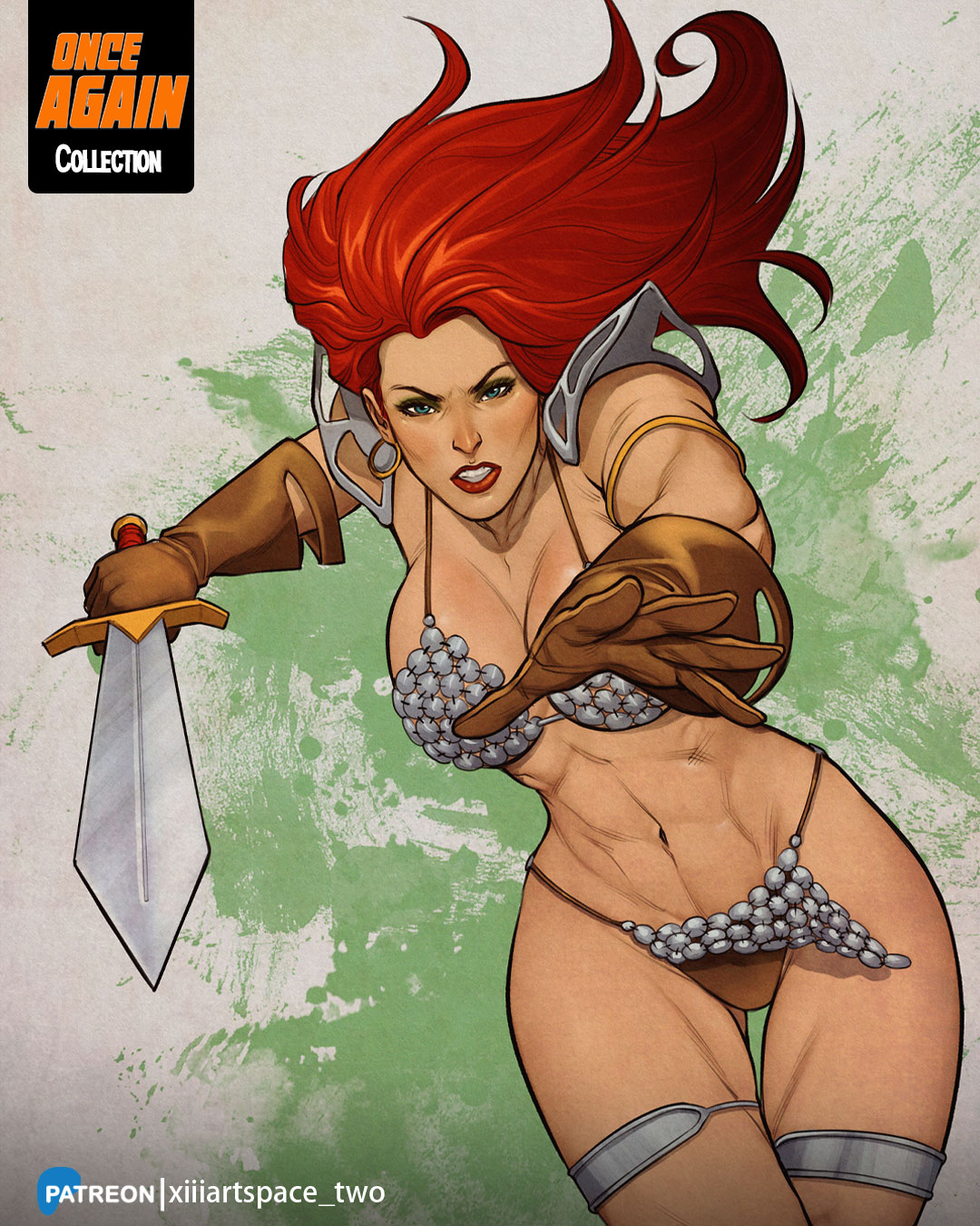 red sonja, red sonja (comics), gold armlet, artist request, highres, abs, armlet, armor, barbarian, bikini armor, black eyeshadow, breasts, brown gloves, cowboy shot, earrings, eyeshadow, gloves, gold earrings, green eyes, holding, holding sword, holding weapon, hoop earrings, jewelry, large breasts, looking at viewer, makeup, metal bikini, navel, patreon username, pauldrons, reaching, reaching towards viewer, red hair, red lips, scale armor, shoulder armor, silver thighlet, sword, thighlet, toned, toned female, weapon, western comics (style)