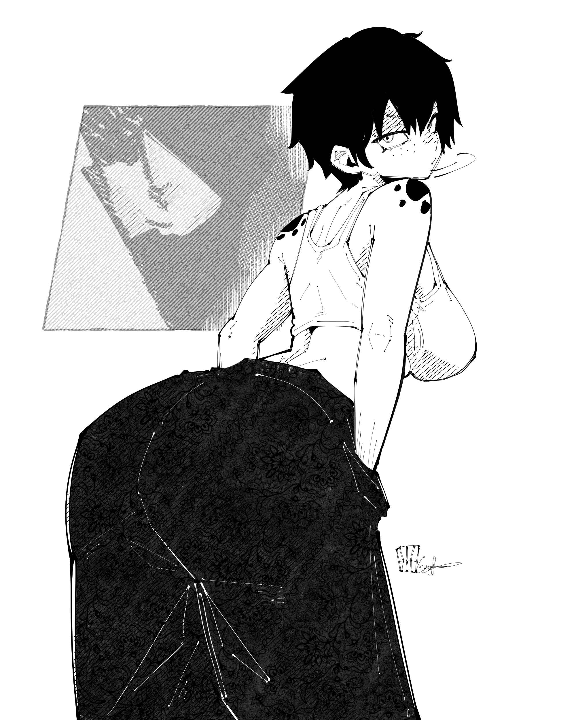 miregeist, original, absurdres, commentary, english commentary, highres, 1girl, ass, breasts, choppy bangs, closed mouth, cowboy shot, freckles, from side, greyscale, hands in pockets, hatching (texture), large breasts, linear hatching, looking at viewer, monochrome, pants, short hair, simple background, solo, sports bra, white background