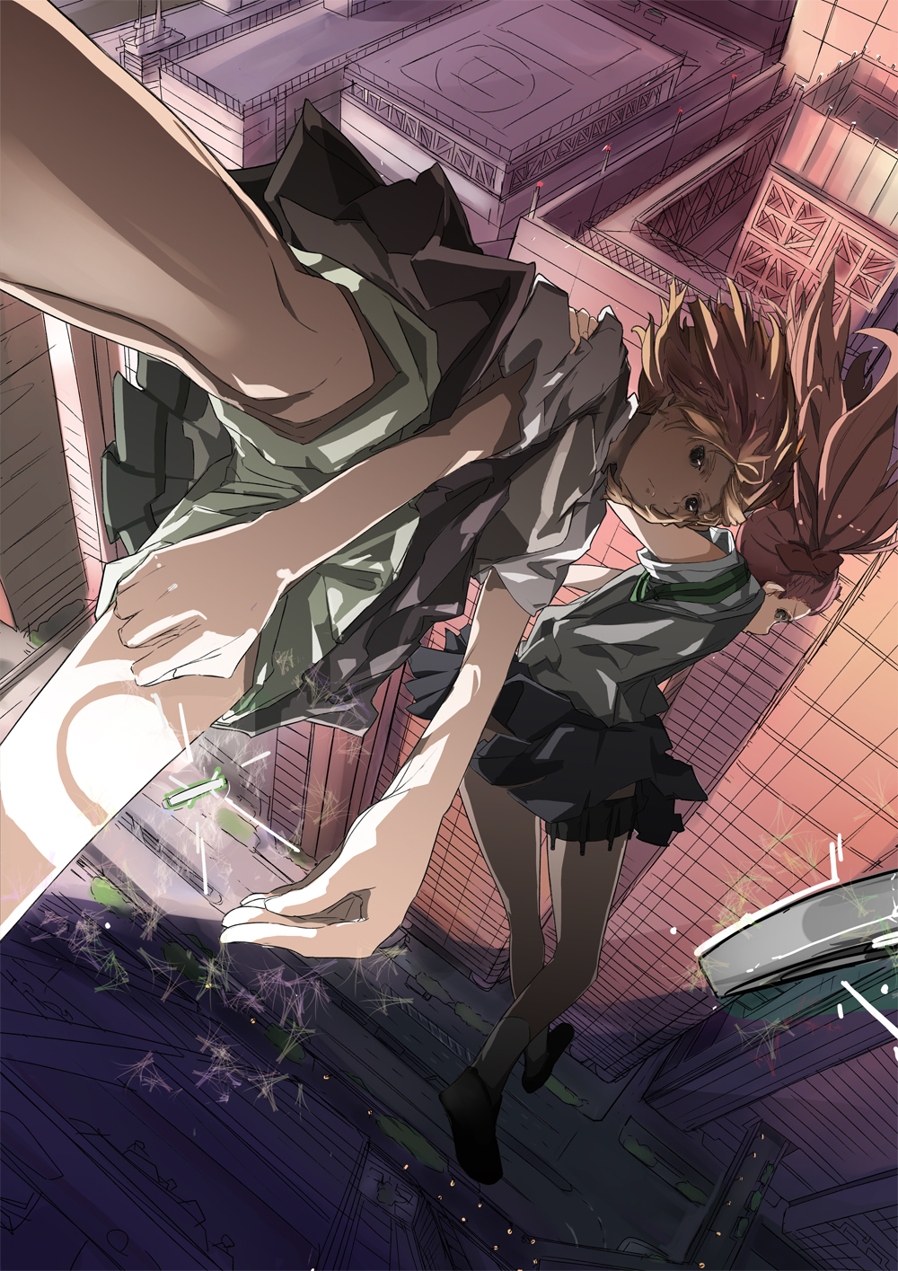 ikura wataru, misaka mikoto, shirai kuroko, toaru kagaku no railgun, toaru majutsu no index, highres, 2girls, brown eyes, brown hair, city, female focus, long hair, multiple girls, outdoors, school uniform, short hair, shorts, skirt, sweater vest, thigh strap, twintails