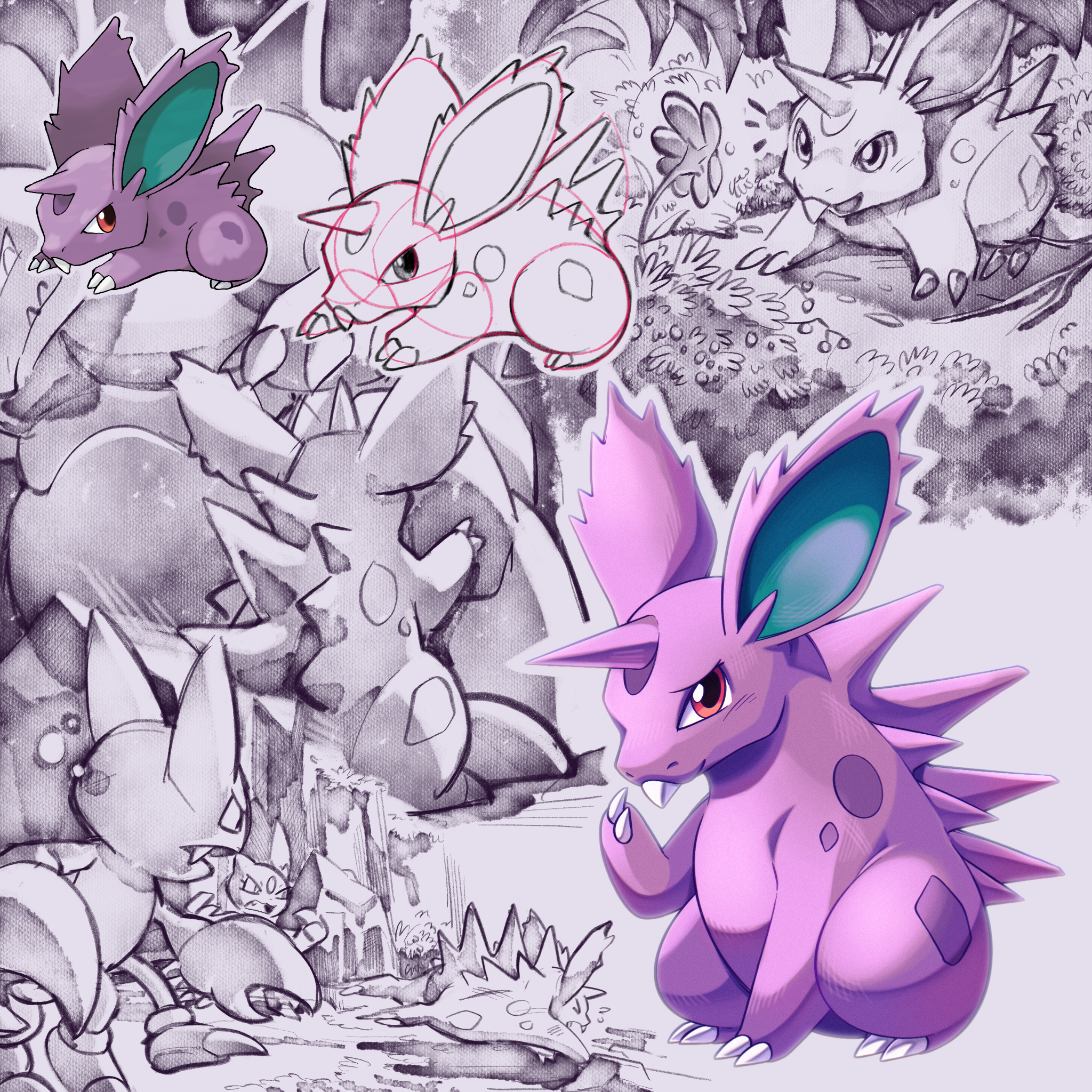 shoupitsuki, gliscor, nidoqueen, nidoran, nidoran (female), sneasel, nintendo, pokemon, commentary request, highres, > <, buck teeth, claws, colored skin, fleeing, flower, gen 1 pokemon, gen 2 pokemon, gen 4 pokemon, horns, large ears, no humans, open mouth, pincers, pokemon (creature), pokemon focus, purple skin, red eyes, single horn, sketch, spines, teeth