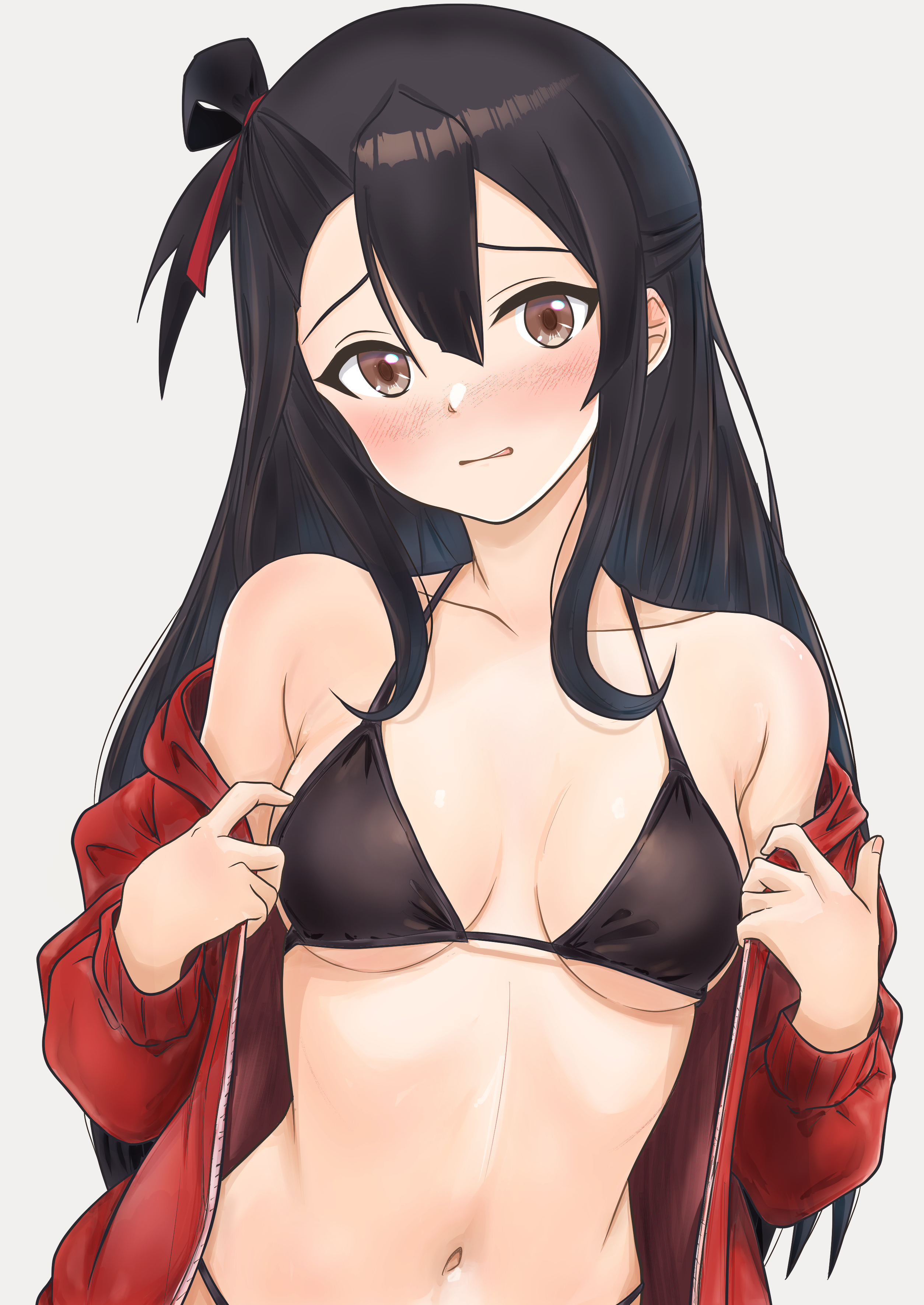 man12sikata-04, koori chikage, nogi wakaba wa yuusha de aru, yuusha de aru, absurdres, commentary request, highres, 1girl, bare shoulders, bikini, black bikini, black hair, blush, breasts, brown eyes, embarrassed, furrowed brow, grey background, hair between eyes, hair rings, highleg, highleg bikini, jacket, long hair, long sleeves, looking at viewer, medium breasts, navel, off shoulder, one side up, open clothes, open jacket, parted lips, red jacket, simple background, single hair ring, solo, stomach, string bikini, swimsuit, track jacket, upper body, wavy mouth