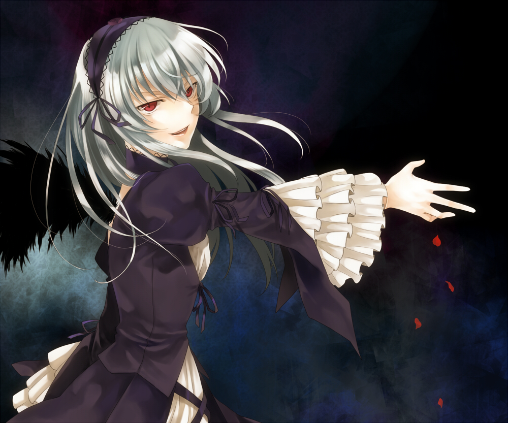 moyoriaki, suigintou, rozen maiden, silver hair, bad id, bad pixiv id, 00s, doll joints, dress, hairband, joints, long hair, petals, red eyes, solo, wings