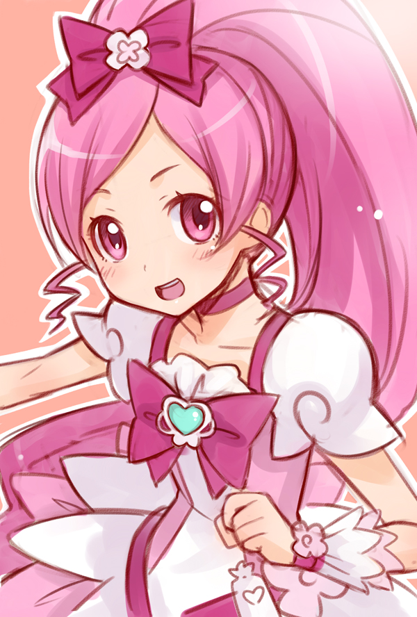 ha-ru, cure blossom, hanasaki tsubomi, heartcatch precure!, precure, 10s, 1girl, bow, brooch, dress, female focus, hair bow, heart, heart brooch, high ponytail, jewelry, long hair, magical girl, pink eyes, pink hair, pink theme, ponytail, solo