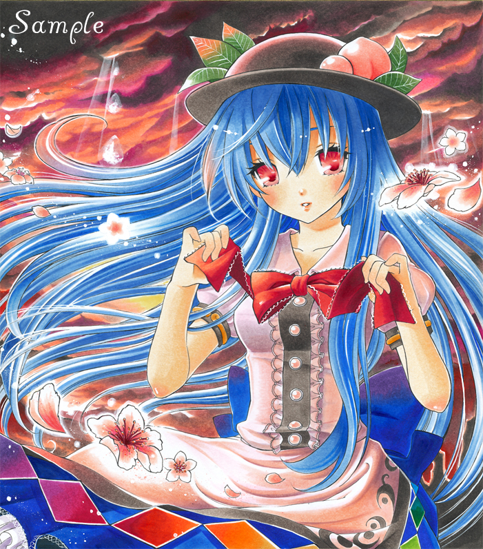 ayuayu (chisuke ayu), hinanawi tenshi, touhou, bad id, bad pixiv id, marker (medium), traditional media, 1girl, blue hair, bow, cherry blossoms, cloud, dress, female focus, flower, food, fruit, hat, large bow, light rays, long hair, peach, petals, red eyes, ribbon, sample watermark, solo, sunbeam, sunlight, watermark