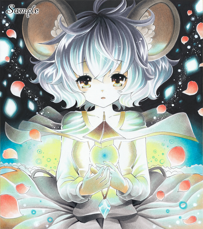 ayuayu (chisuke ayu), nazrin, touhou, silver hair, bad id, bad pixiv id, marker (medium), traditional media, 1girl, animal ears, bishamonten's pagoda, brown eyes, capelet, female focus, glowing, jewelry, mouse ears, necklace, petals, sample watermark, short hair, solo, watermark