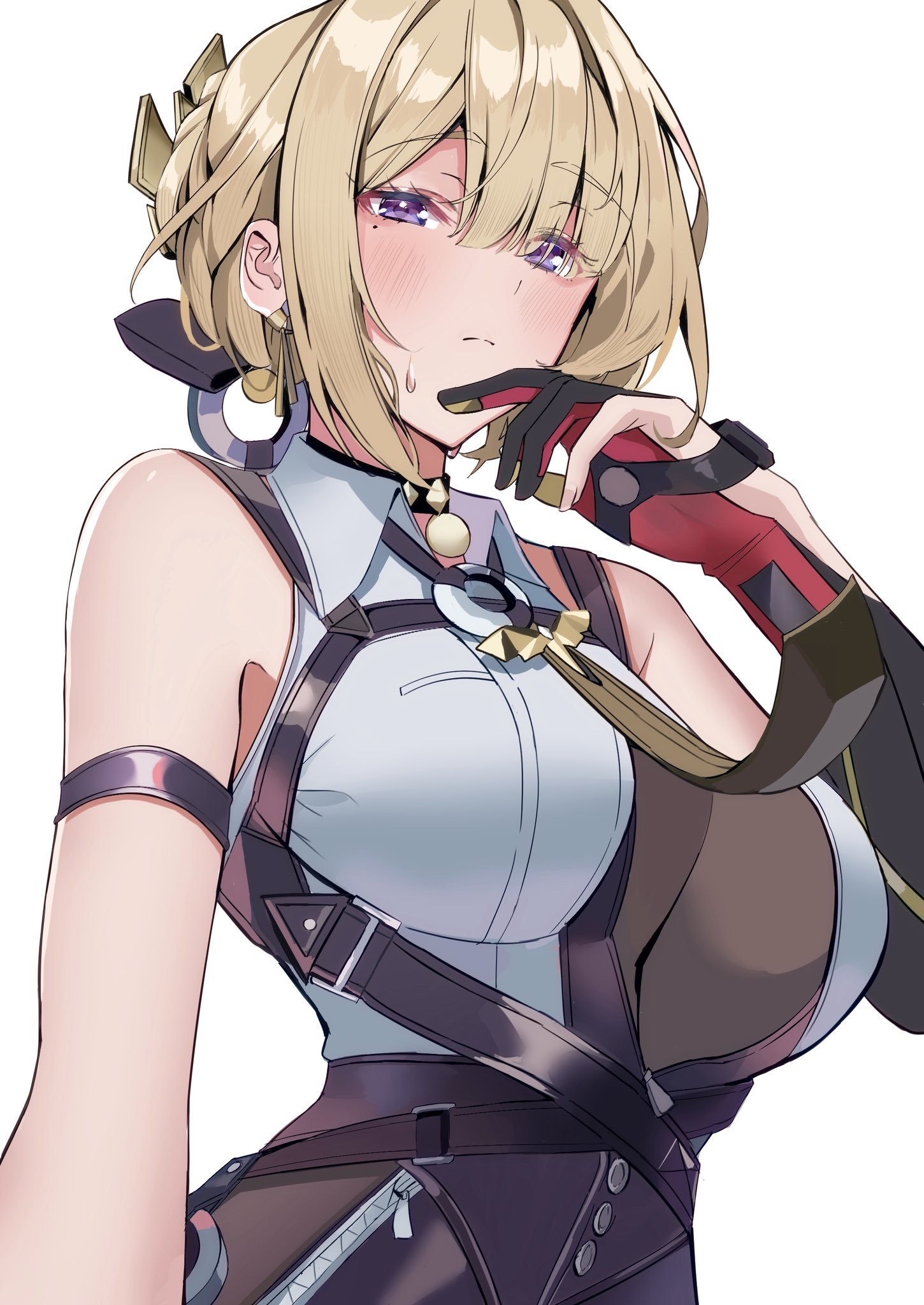 nakano kura, evelyn chevalier, zenless zone zero, duplicate, hashtag-only commentary, highres, 1girl, bare arms, breasts, chest harness, collared shirt, hair up, harness, high-waist pants, latex pants, long ribbon, necktie, pants, shirt, sleeveless, sleeveless shirt, solo, tight clothes, tight pants, white shirt, yellow necktie