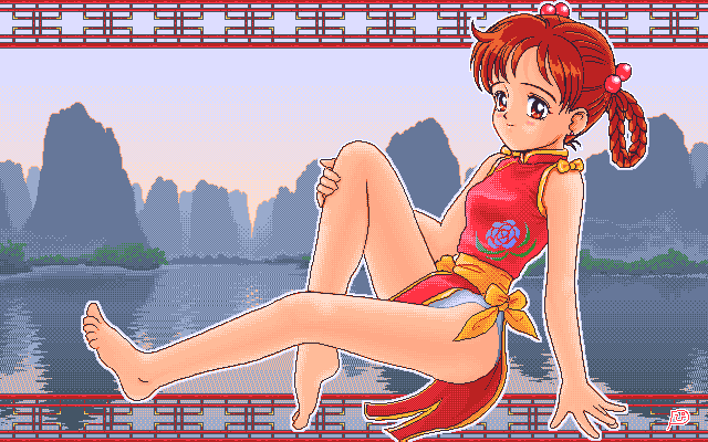 goto p, original, 1girl, bare arms, bare legs, barefoot, bow, braid, braided hair rings, brown eyes, brown hair, china dress, chinese clothes, closed mouth, dress, floral print, floral print dress, full body, hair bobbles, hair ornament, hair rings, hand on own leg, karst, knee up, looking at viewer, ocean, panties, pc-98 (style), pelvic curtain, print dress, red dress, sash, short dress, short hair, signature, sitting, smile, solo, underwear, white panties, yellow bow, yellow sash