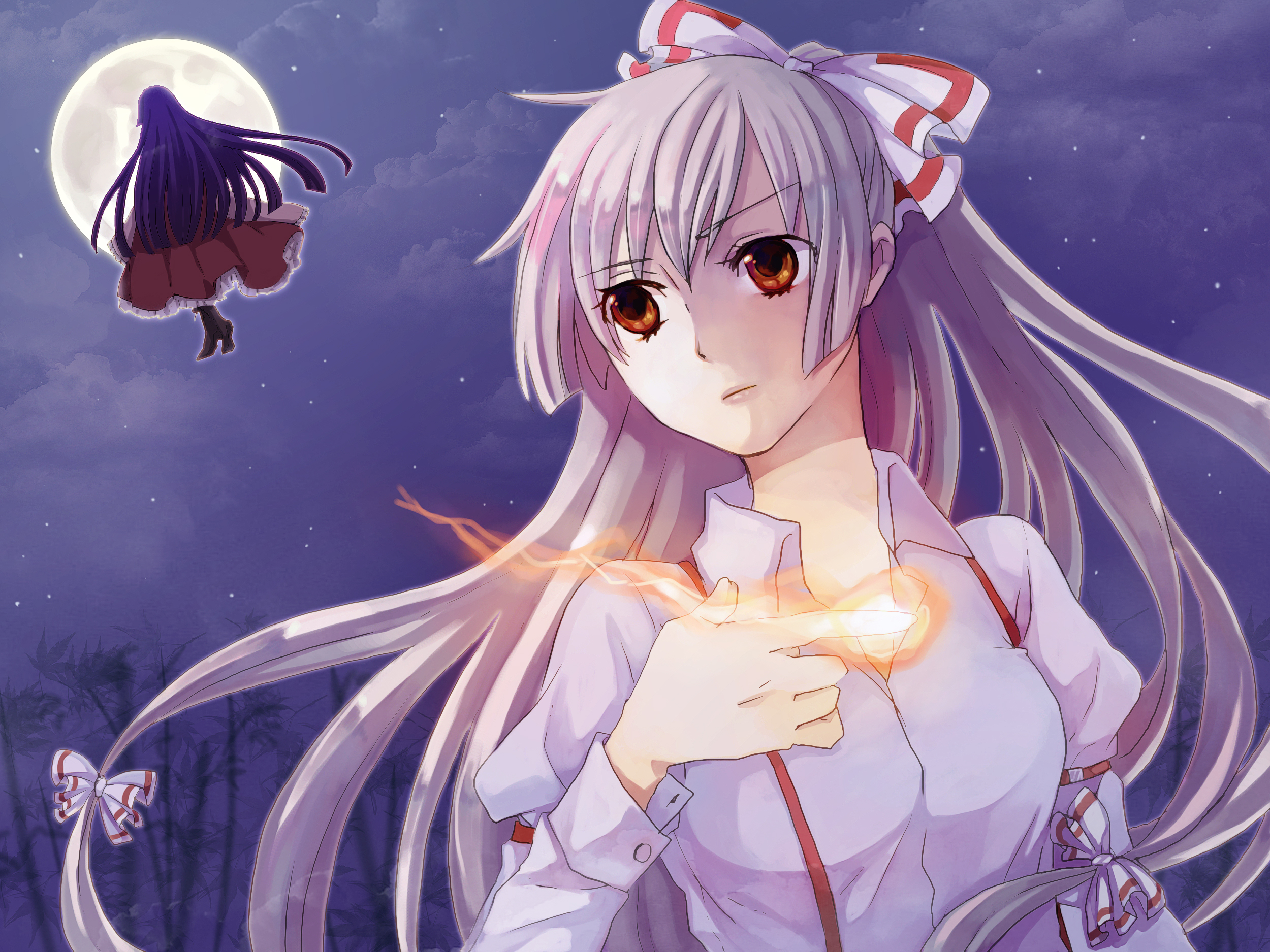maco (munya), fujiwara no mokou, houraisan kaguya, touhou, silver hair, bad id, bad pixiv id, highres, 2girls, black hair, bow, female focus, fire, flying, full moon, hair bow, long hair, moon, multiple girls, night, red eyes