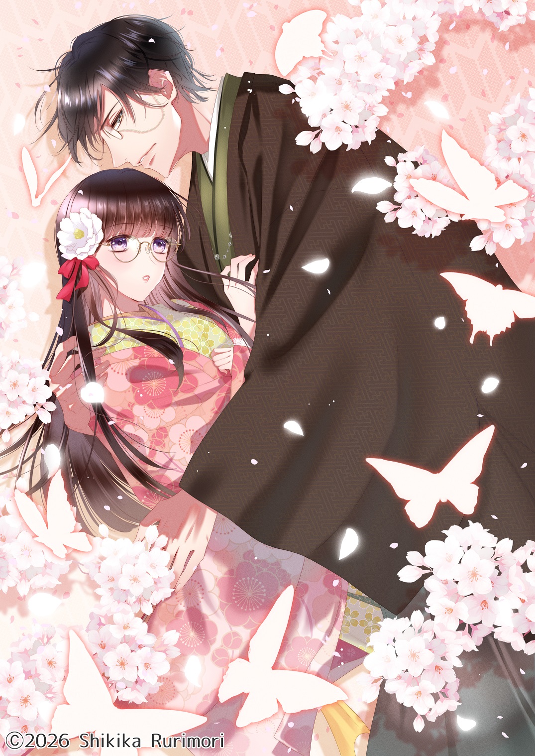 izumi (stardustalone), original, commentary request, highres, 1boy, 1girl, artist name, black hair, black kimono, bug, butterfly, couple, dated, flower, glasses, hair flower, hair ornament, insect, japanese clothes, kimono, long hair, pink kimono