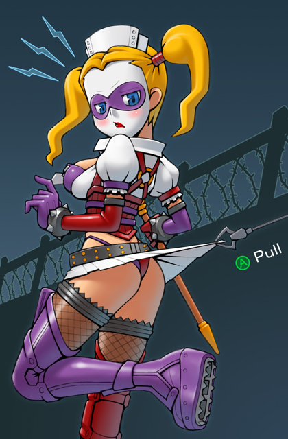 blue steel, harley quinn, batman: arkham, batman: arkham asylum, batman (series), dc comics, no bangs, 1girl, belt, blonde hair, blue eyes, boots, bracelet, female focus, gloves, hat, jewelry, long hair, looking back, mask, miniskirt, nurse, nurse cap, panties, pantyshot, skirt, solo, spiked bracelet, spikes, thighhighs, twintails, underwear