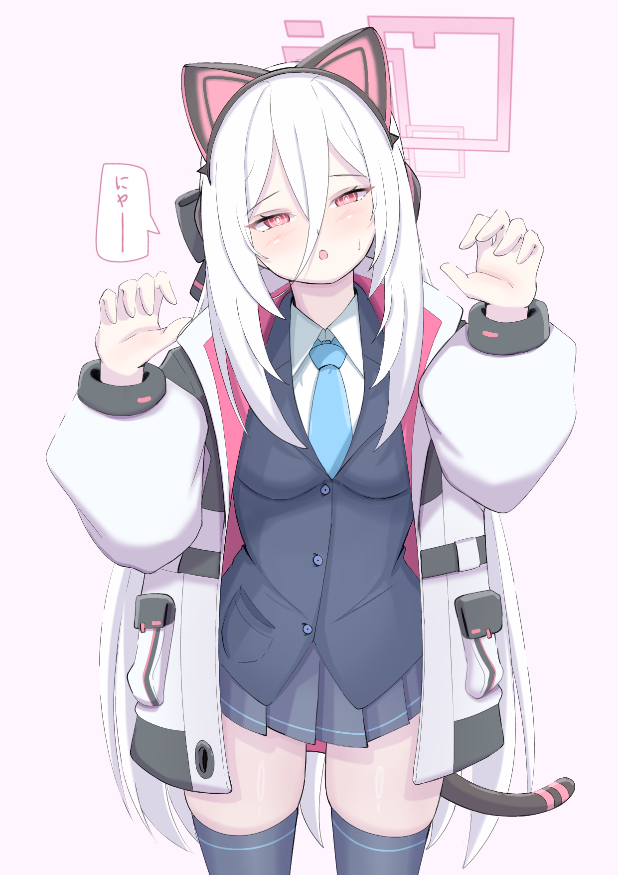 kei (blue archive), kei (new body) (blue archive), blue archive, commentary, highres, translated, 1girl, :o, adapted costume, akira0616, animal ear headphones, animal ears, black thighhighs, black vest, blue necktie, blush, bright pupils, buttons, cat ear headphones, cat ears, cat tail, claw pose, collared shirt, cowboy shot, double-parted bangs, fake animal ears, fake tail, grey skirt, hair between eyes, halo, hands up, headphones, jacket, long hair between eyes, long sleeves, looking at viewer, miniskirt, necktie, open clothes, open jacket, open mouth, pink halo, pleated skirt, puffy long sleeves, puffy sleeves, rectangular halo, red eyes, ringed eyes, shirt, skindentation, skirt, solo, speech bubble, sweatdrop, tail, thighhighs, thighs, tsurime, vest, white jacket, white pupils, white shirt, zettai ryouiki