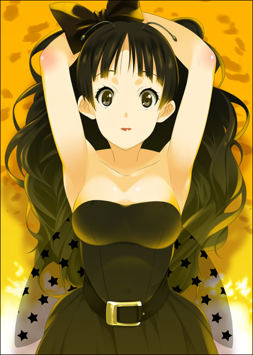 mizuki makoto, akiyama mio, k-on!, listen!!, 1girl, armpits, arms up, belt, black eyes, black hair, bow, breasts, dress, female focus, lips, lipstick, makeup, solo, strapless, strapless dress
