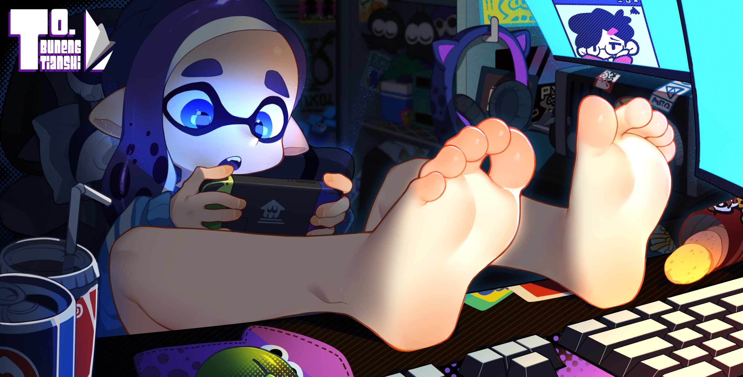 kotoba (1074421015), inkling boy, inkling player character, nintendo, splatoon (series), commentary request, highres, 1boy, barefoot, blue eyes, chair, chips (food), computer keyboard, computer mouse, cup, disposable cup, drinking straw, feet, feet on table, food, foot focus, headphones, inkling, locker, male focus, nintendo switch, open mouth, playing games, playing video games, pointy ears, potato chips, purple hair, sitting, soles, sweater, unworn headphones