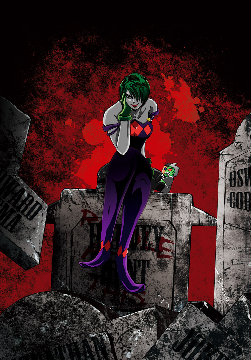 azmanga, duela dent, the penguin, two-face, batman (series), dc comics, highres, 1girl, bare shoulders, colored skin, doll, dress, female focus, full body, gloves, green eyes, green hair, lipstick, makeup, matching hair/eyes, short hair, sitting, solo, tombstone, white skin