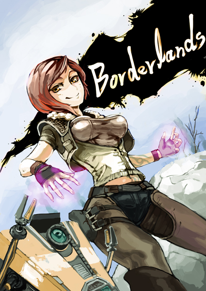 rokumen saikoro, claptrap, lilith (borderlands), borderlands (series), 1girl, animification, arm tattoo, blouse, borderlands 1, breasts, copyright name, female focus, fingerless gloves, from side, fur-trimmed vest, fur trim, gloves, glowing, grey shirt, jacket, legs apart, looking down, matching hair/eyes, orange eyes, orange hair, outdoors, pants, red hair, robot, shirt, short hair, solo, standing, stomach tattoo, swept bangs, tattoo, thigh strap, vest, wristband